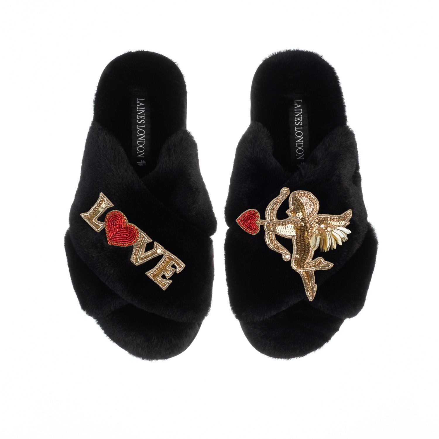 Laines London Women's Classic Laines Slippers With Cupids Bow & Love Brooches - Black In Black