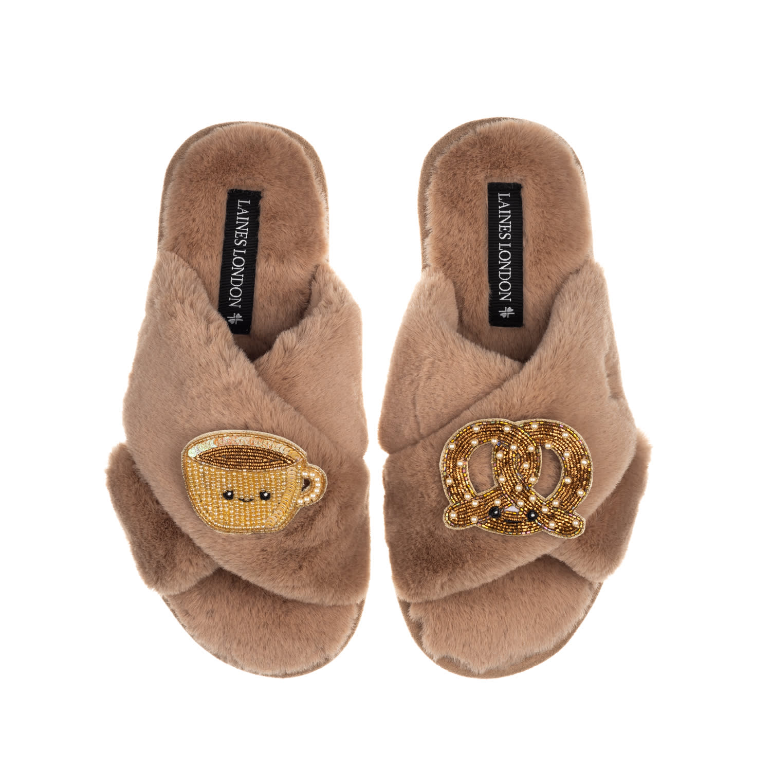 Laines London Women's Brown Classic Slippers With Laines Loveables Hot Chocolate & Pretzel Brooches - Toffee In Brown