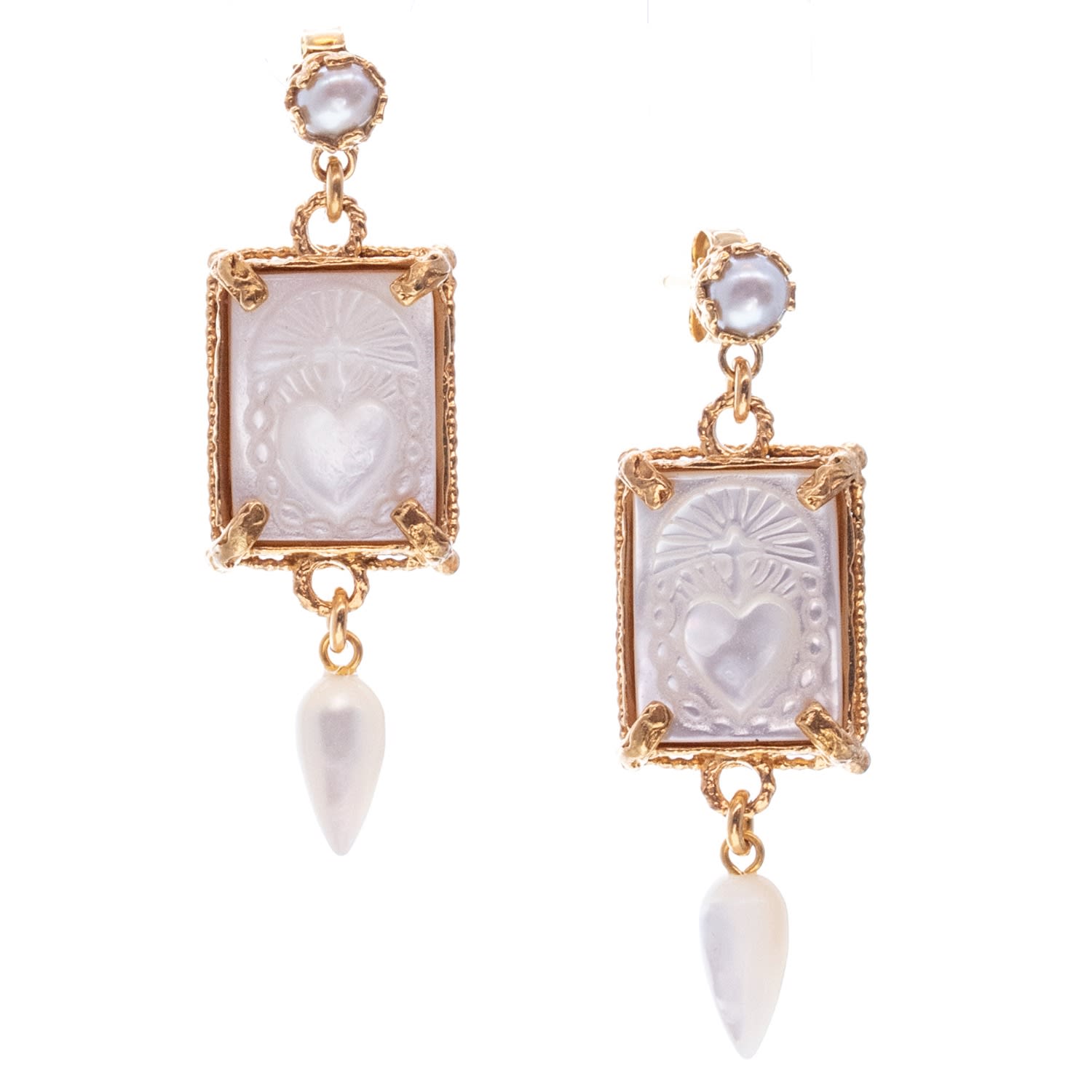 Gem Kingdom Women's White Mother Of Pearl Gold Plated Earring - Burning Heart In Multi