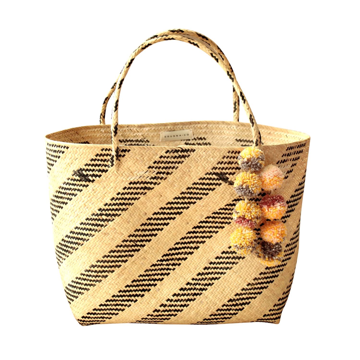 Borneo Sani Stripes Straw Tote Bag With Marigold Tiered Pom Poms Brunna Co Wolf Badger