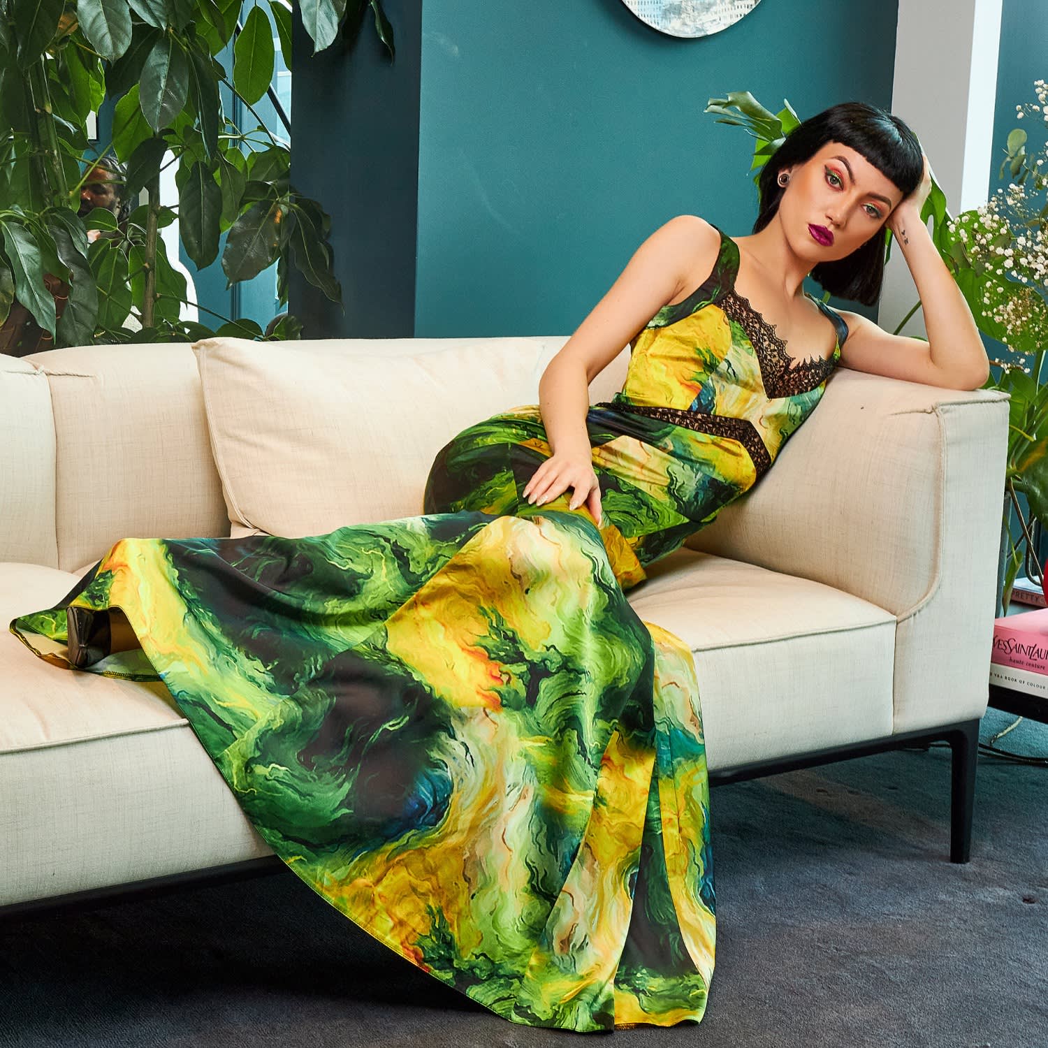 Nal Anna Lace Insert Maxi Dress - Green/Yellow