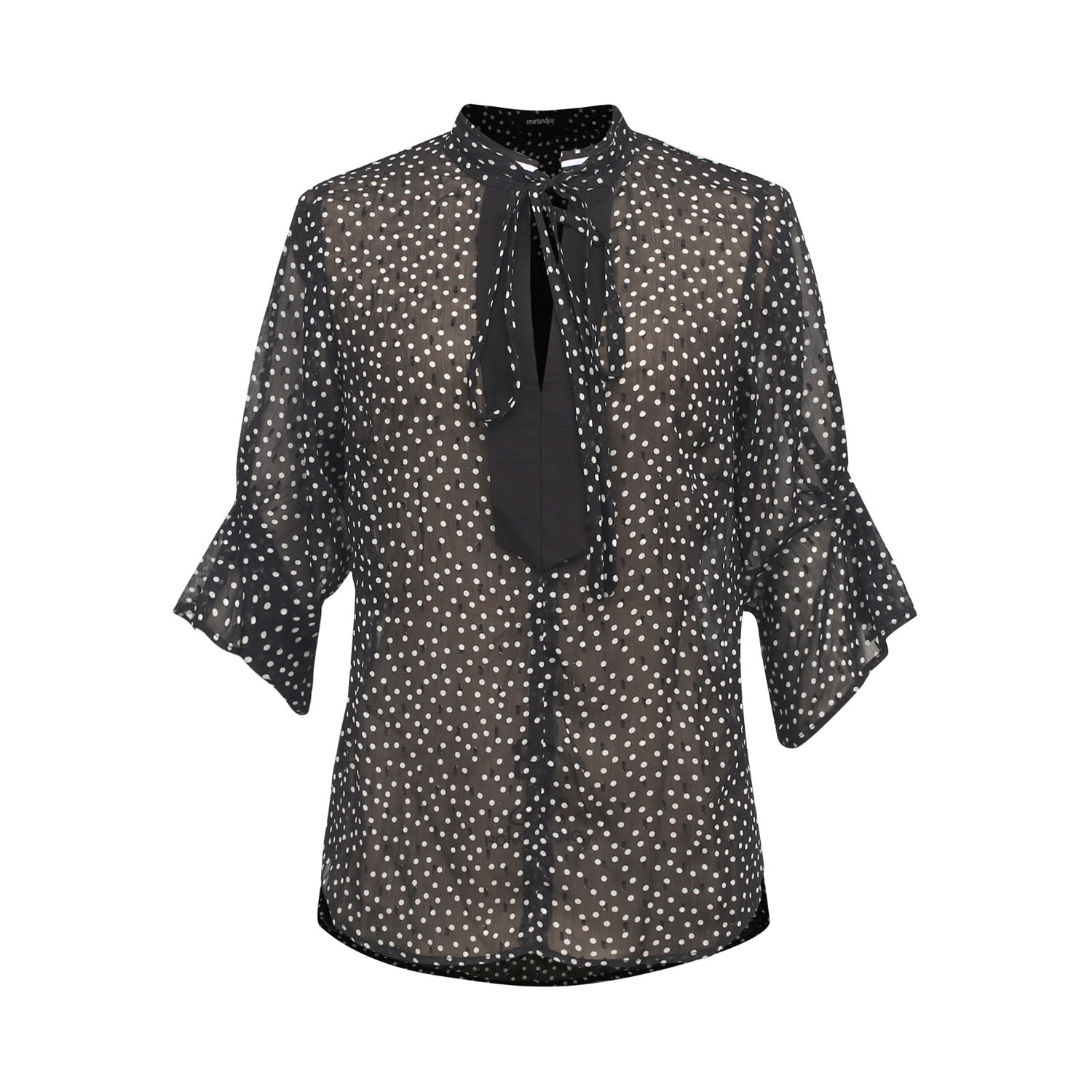 Smart And Joy Women's Black Polka Dots Tulip Sleeves Chiffon Blouse In Black