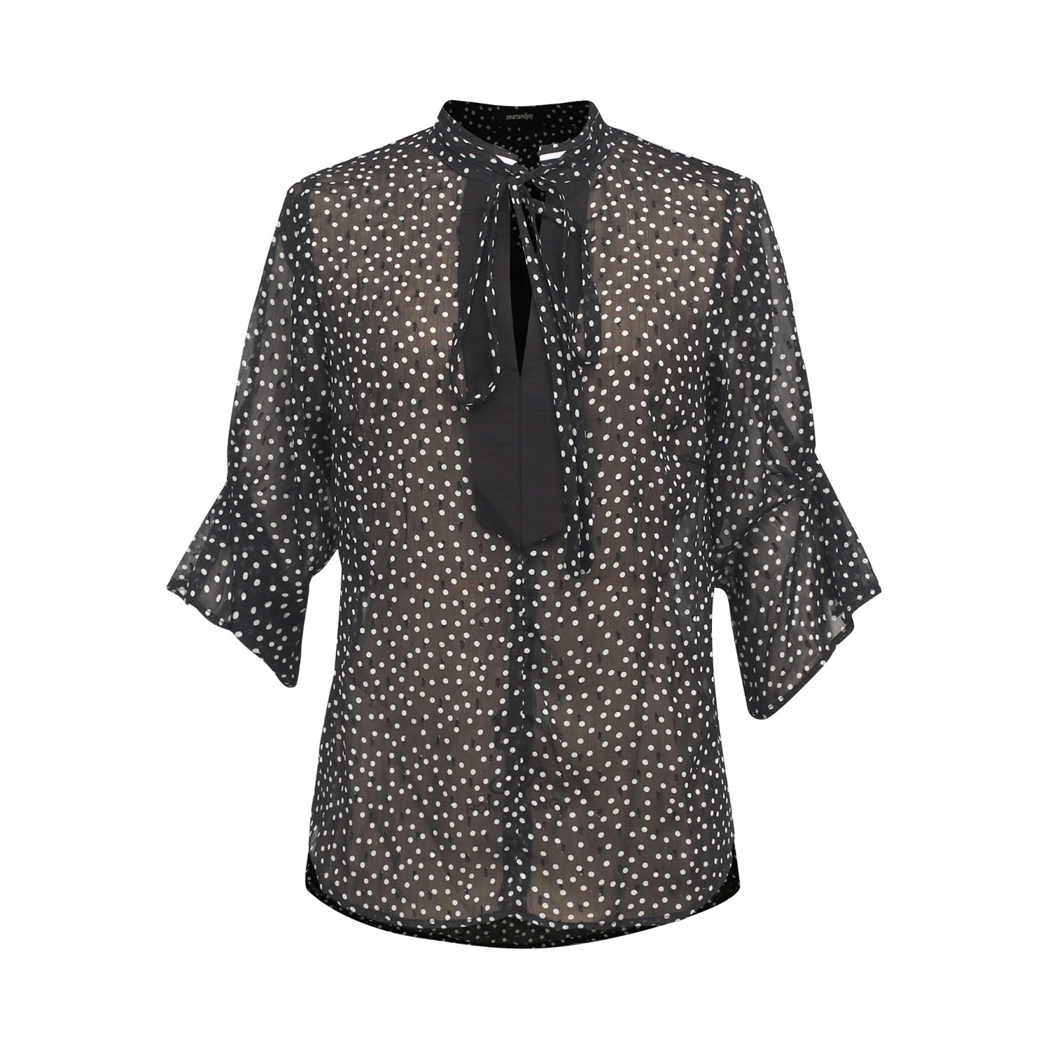 Women’s Black Polka Dots Tulip Sleeves Chiffon Blouse Large Smart and Joy