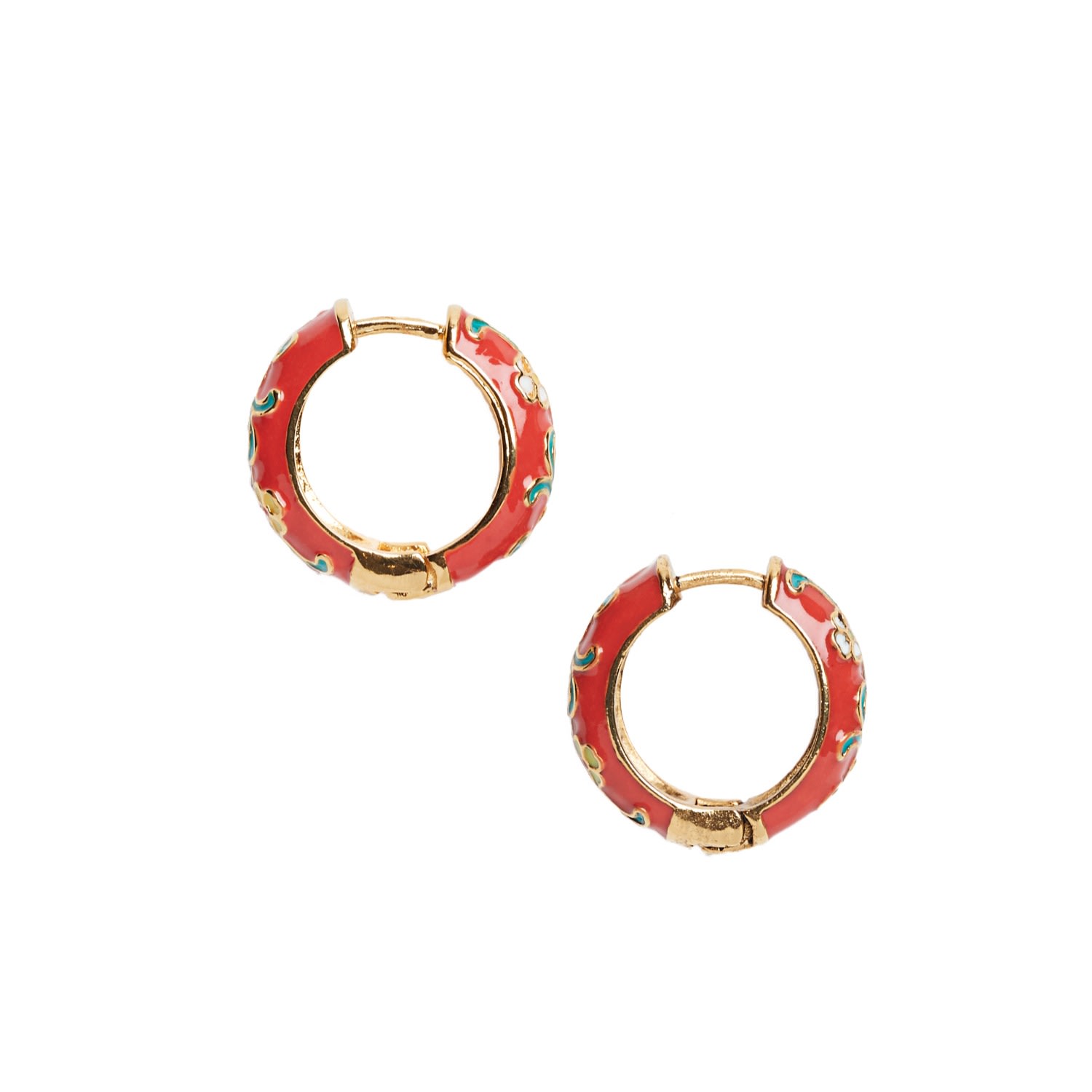 Women’s Gold / Red Red Floral Enamel Hoop Earrings Lovard