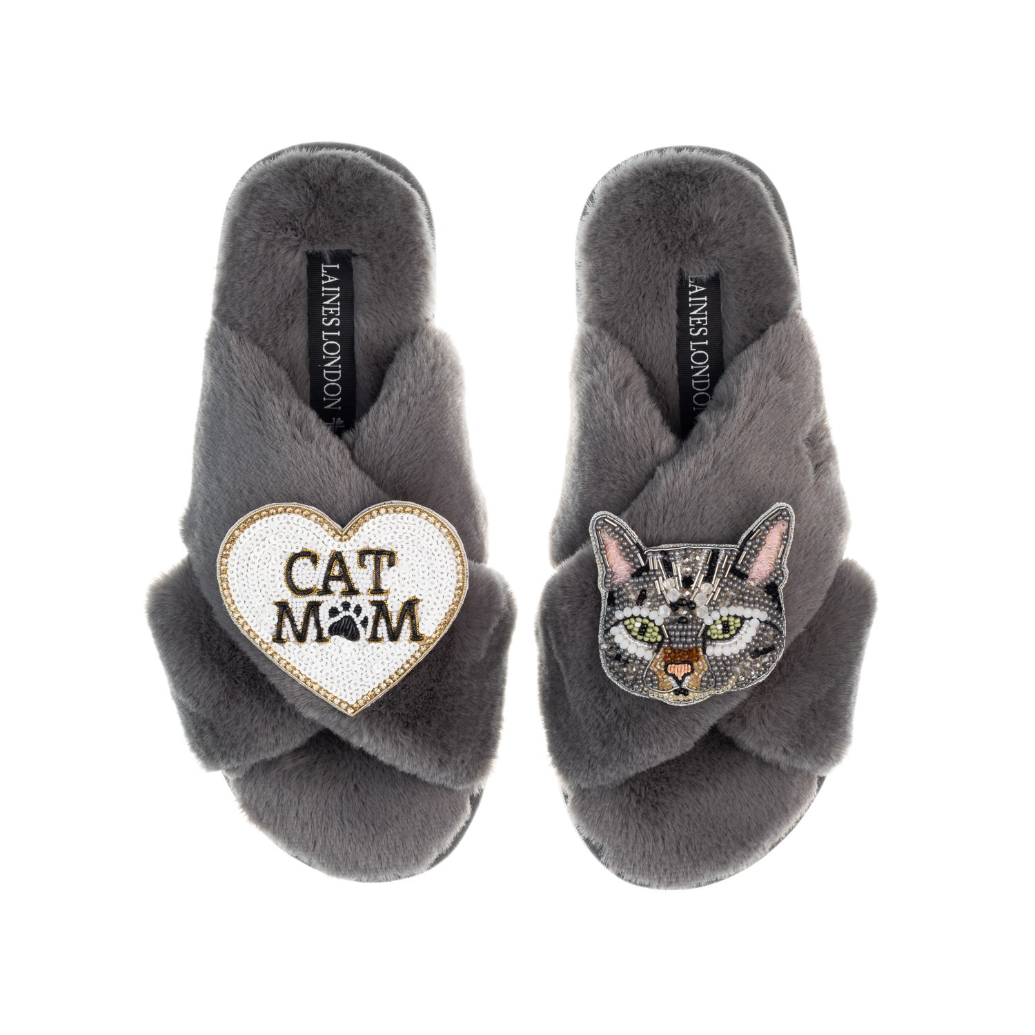 Laines London Women's Classic Laines Slippers With Grey Pebbles Cat & Cat Mum / Mom Brooches - Grey In Grey
