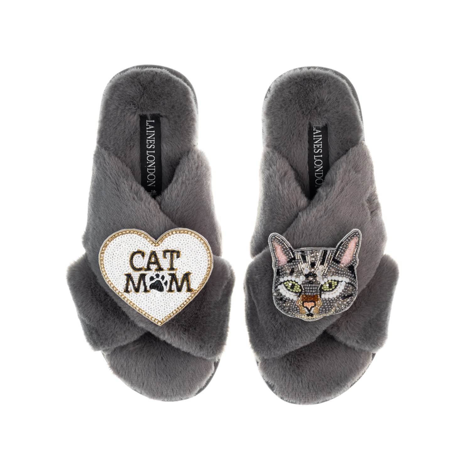 Women’s Classic Laines Slippers With Grey Pebbles Cat & Cat Mum / Mom Brooches - Grey Medium Laines London