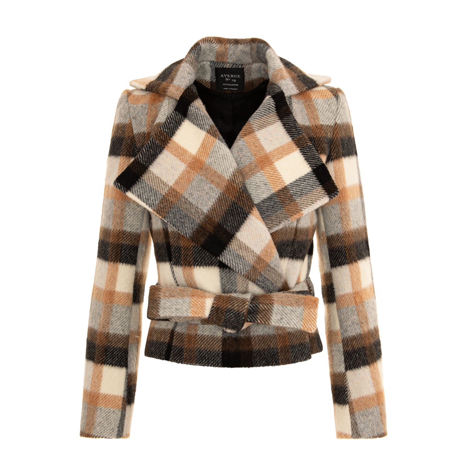 Avenue No.29 Women's Neutrals Checked Wool Double Breasted Wide Lapel Jacket With Belt