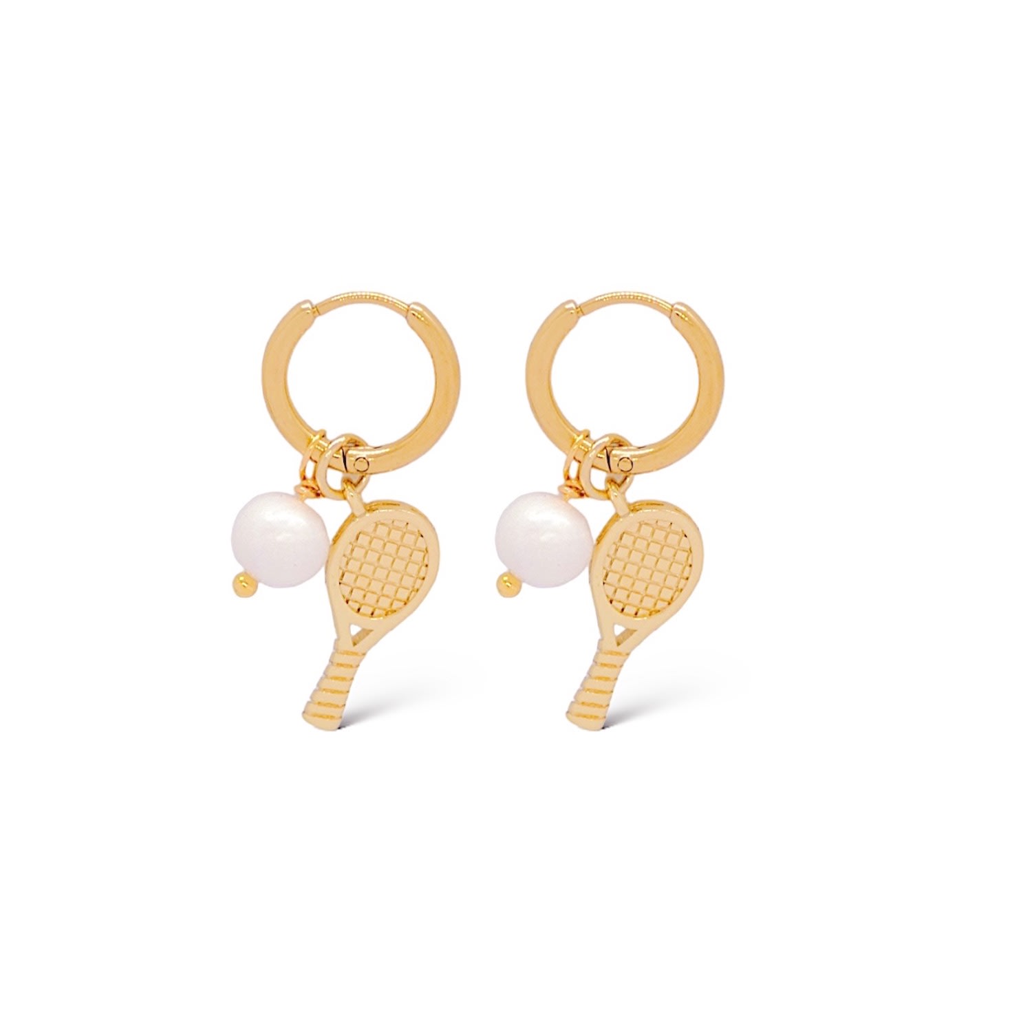 Valerie Chic Women's Gold / White Racket Tennis Ball Pearl Hoop Earrings 18k Gold In Multi