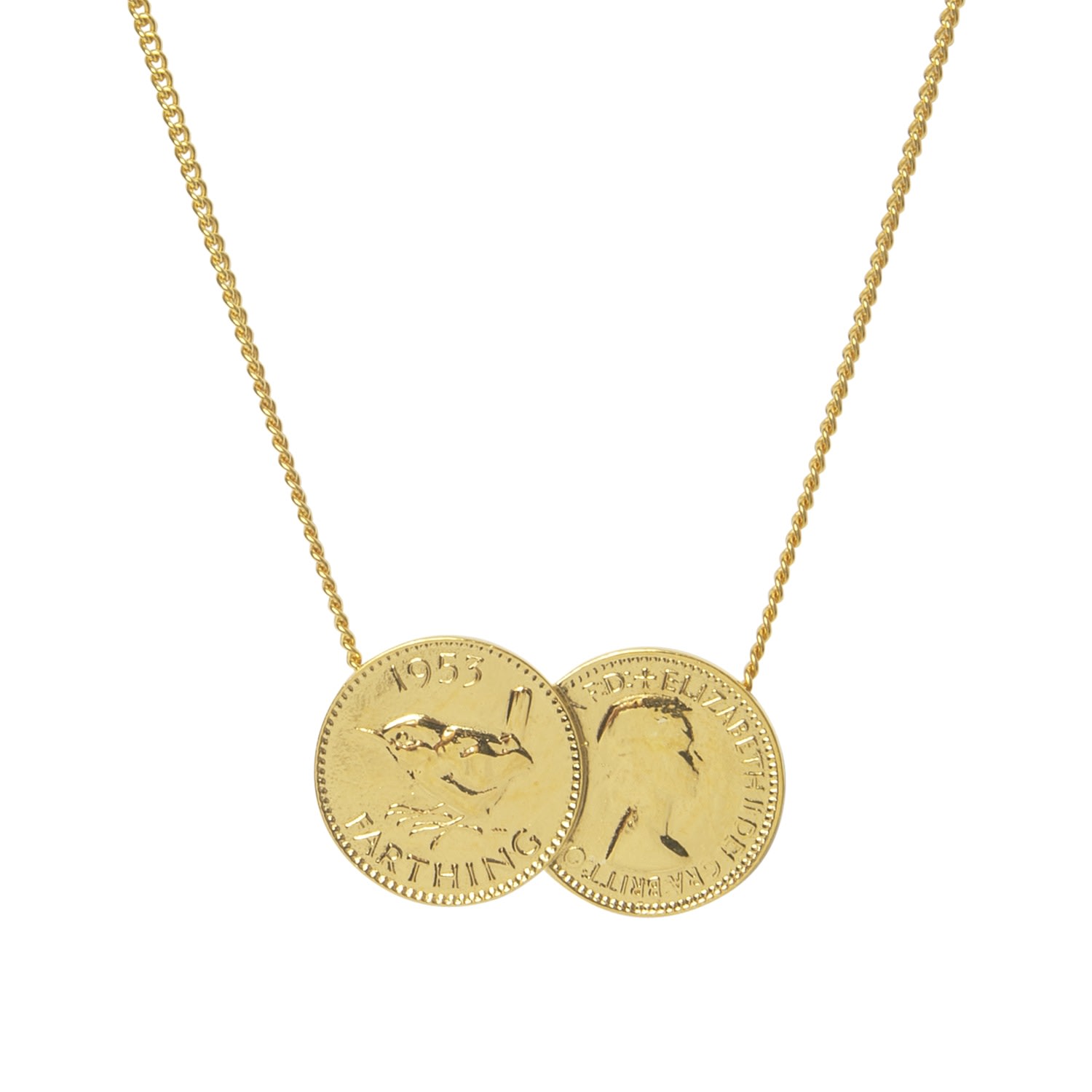 Katie Mullally Limited Women's English Farthing Double Coin Pendant Gold Plated Necklace In Gold