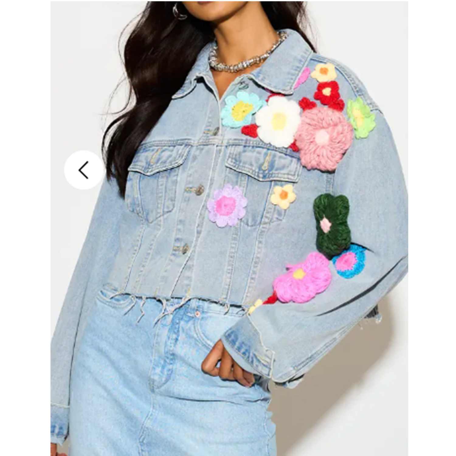 Statement Denim Jacket With Hand-Crochet Floral Appliqué | CY