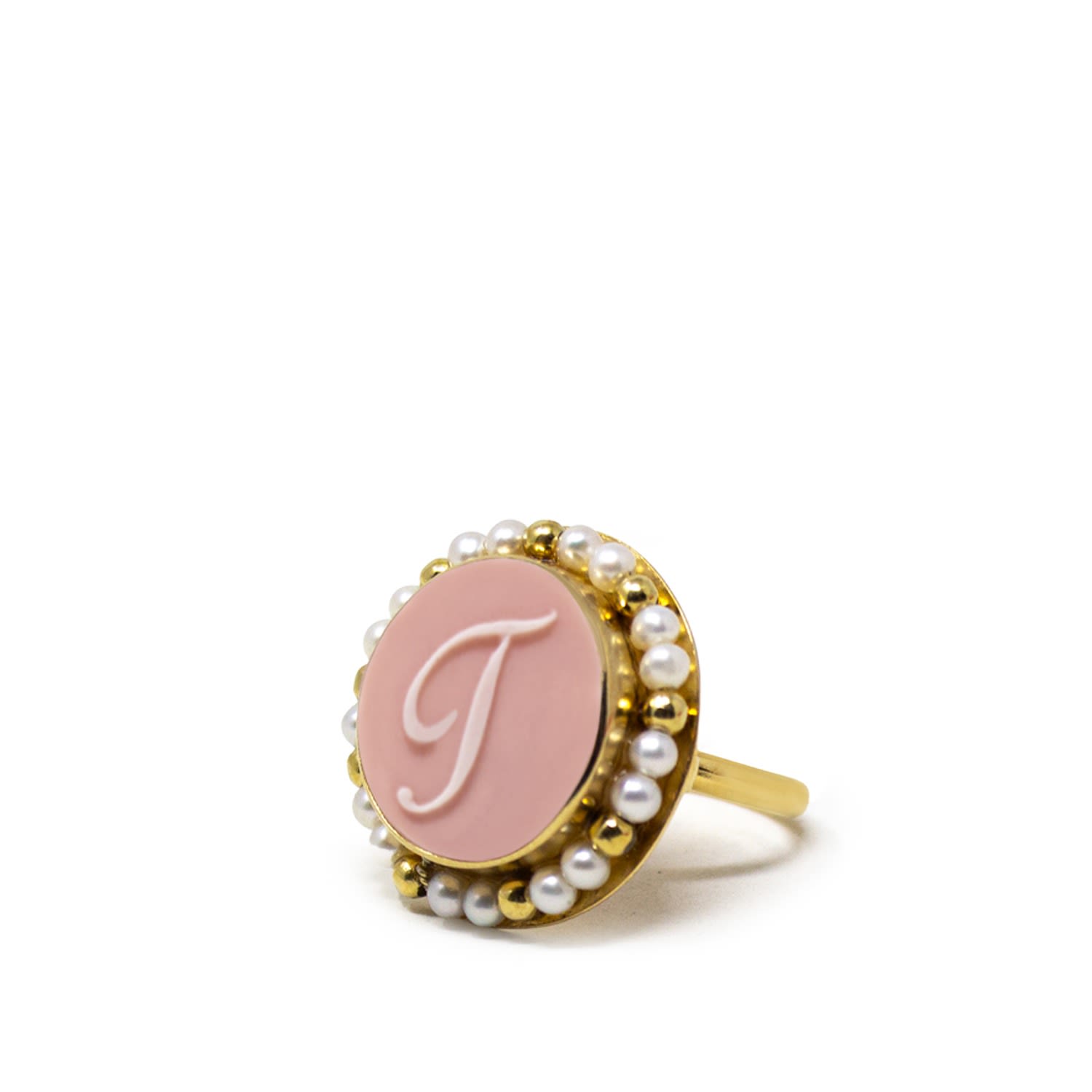 Women’s Gold / Pink / Purple Gold Vermeil Pink Cameo Pearl Ring Initial T Vintouch Italy