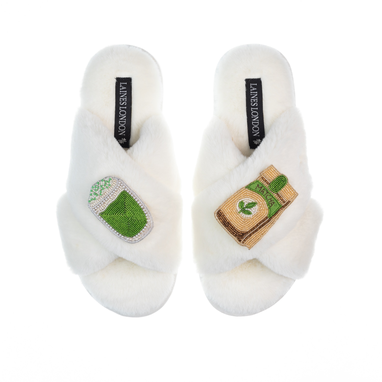 Laines London Women's White Classic Laines Slippers With Matcha Tea Brooches - Cream