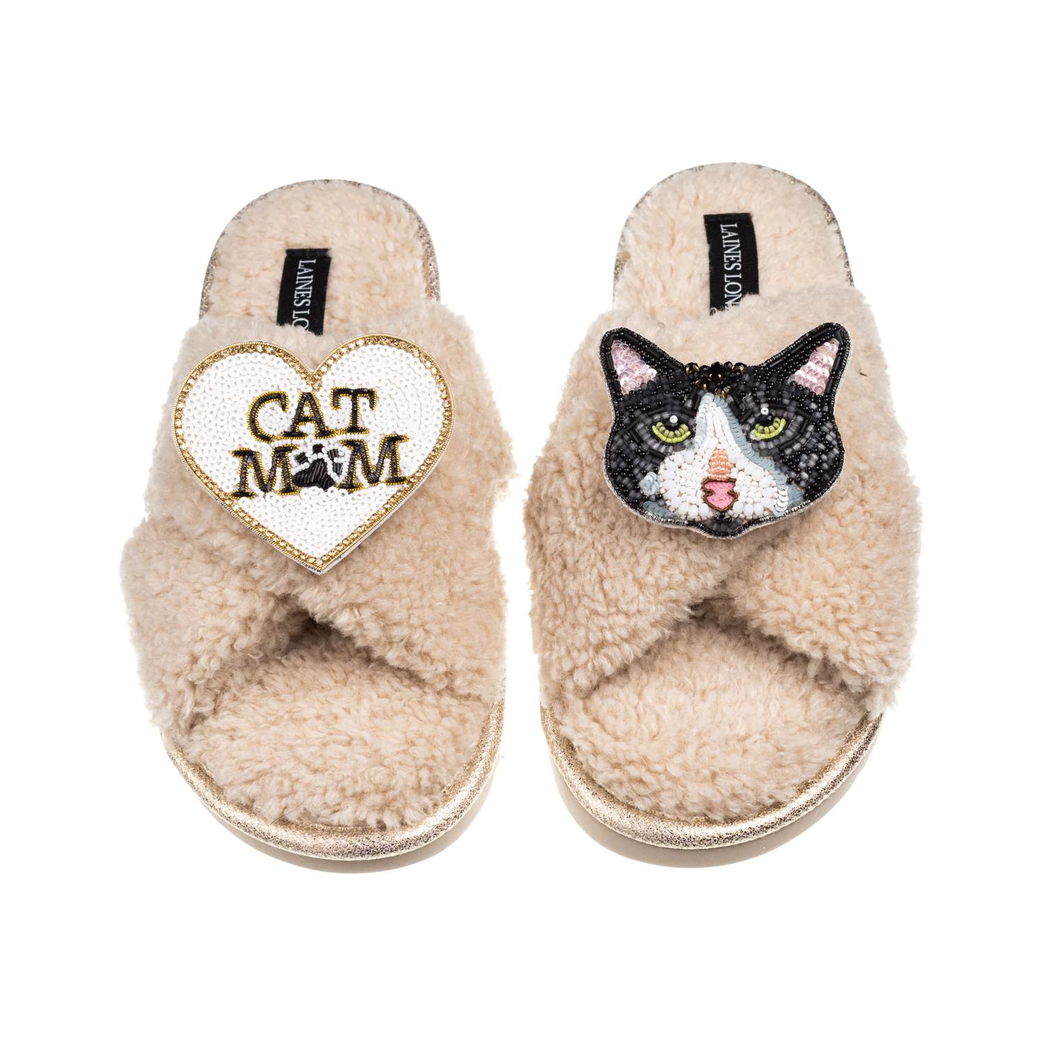Laines London Women's Brown / Neutrals Laines Neutral Boucle Slippers With Black & White Cat & Cat Mum/mom Brooche