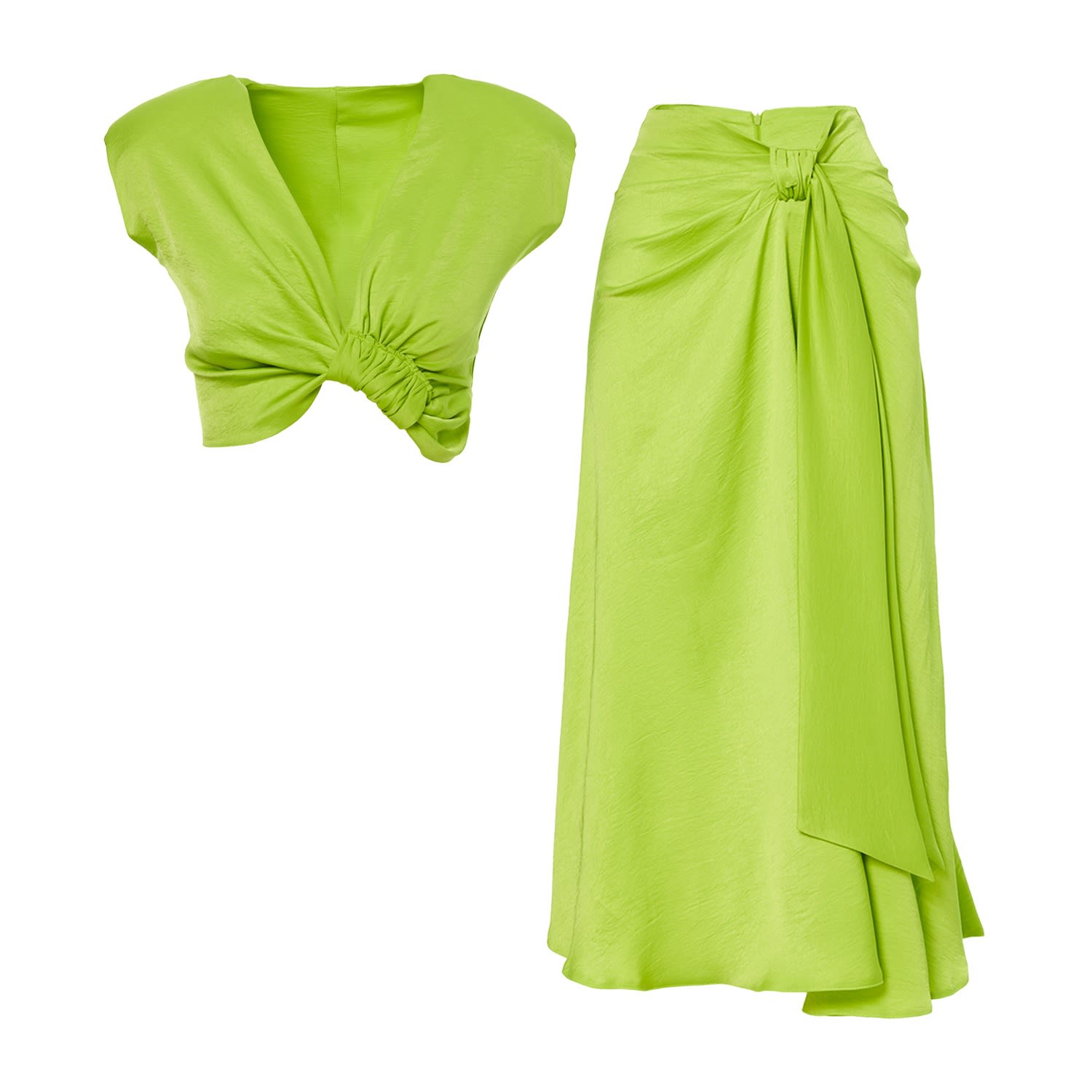 Women’s Green Neon Set With Knotted Top And Midi Skirt Small Bluzat