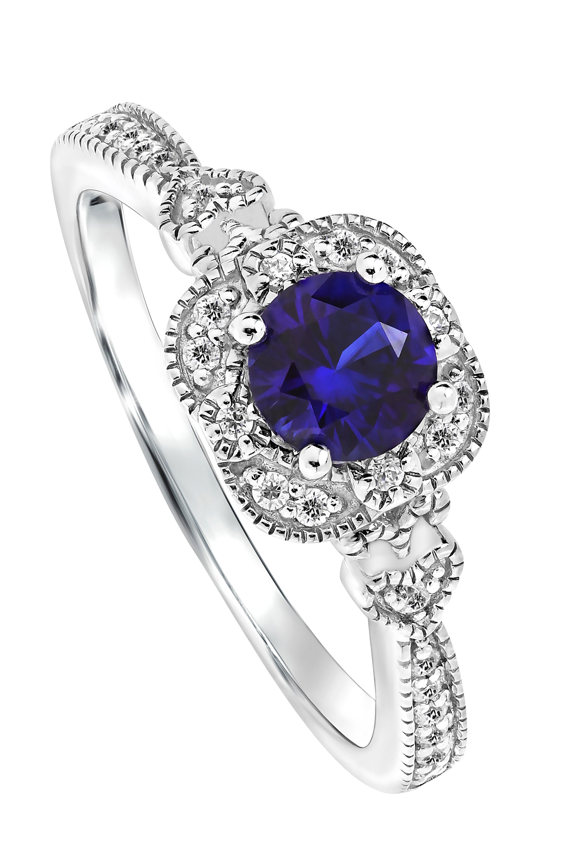 Women’s Silver / Blue Harper White Gold Lab Grown Diamond & Created Sapphire Vintage Inspired Ring Created Brilliance