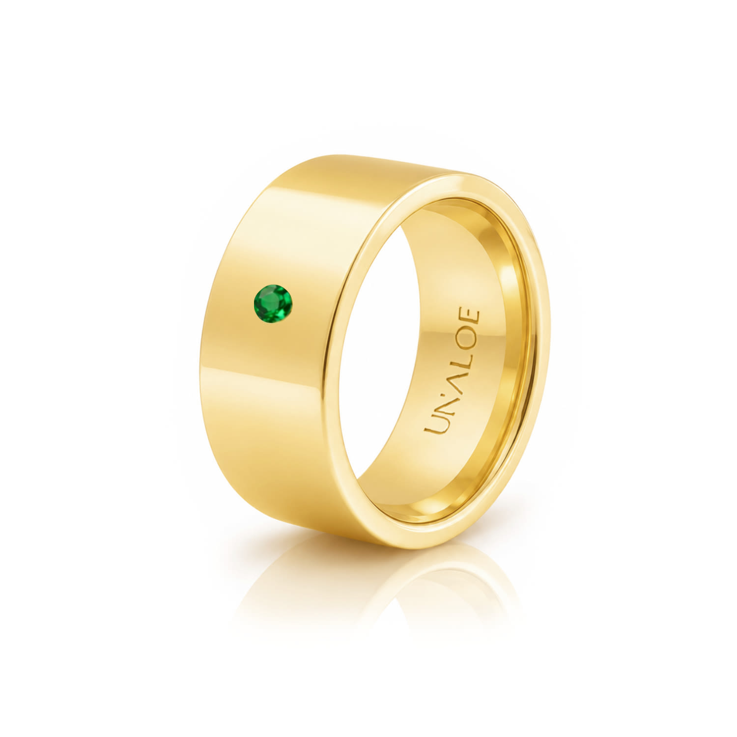 Unaloe Gold / Green Men's  Gold Plated Wide Band Ring With Natural Emerald In Gold/green
