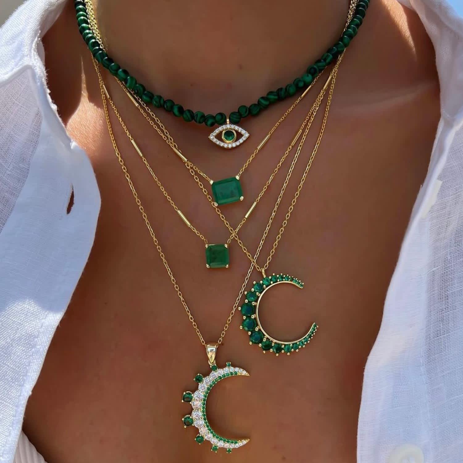 Crescent Moon Necklace Emerald Stone White Topaz Moon Phase Pendant by Selen Jewels