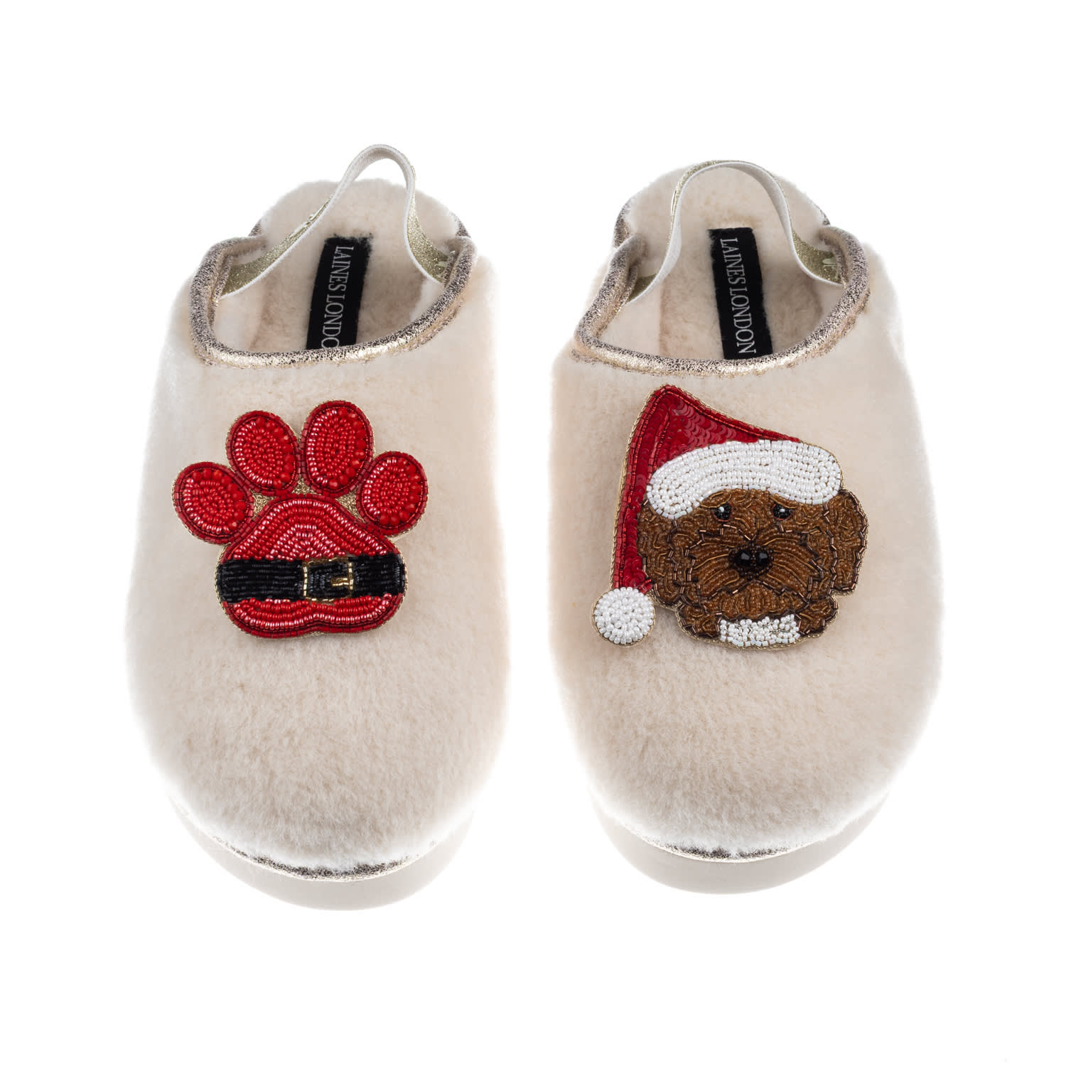 Laines London Women's Gold / Neutrals / White Flatform Cloud Slippers With Christmas Brown Cockapoo & Paw Brooches In Multi