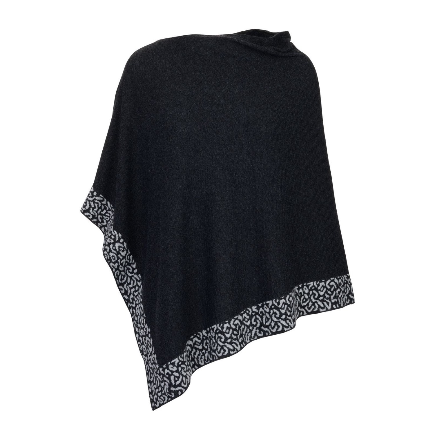 Women’s Black Cashmere Poncho Charcoal Grey With Leopard Trim One Size At Last...