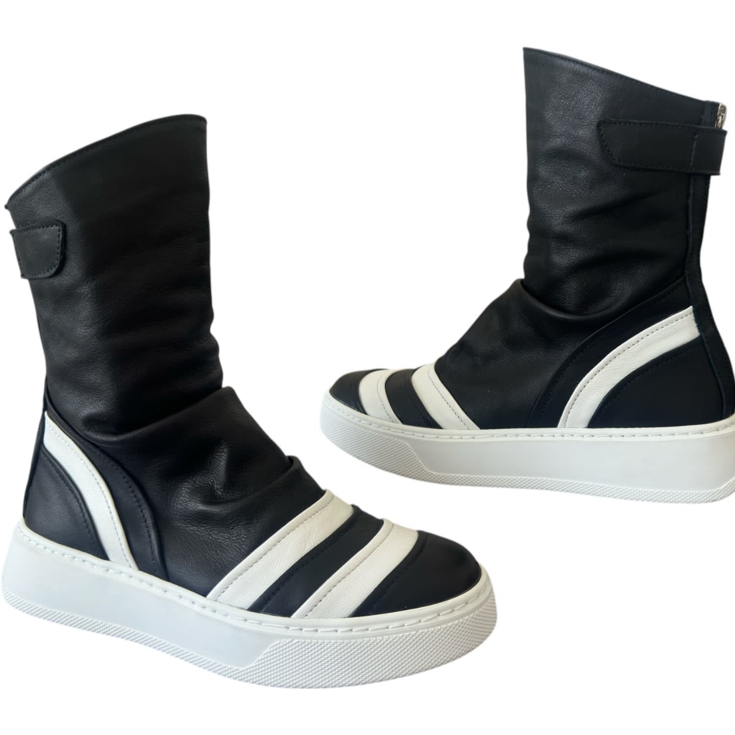 Adrenaline Fashion Women's Black / White Black And White Leather Snickers Boots – Handmade Designer High-top Sneakers B In Black