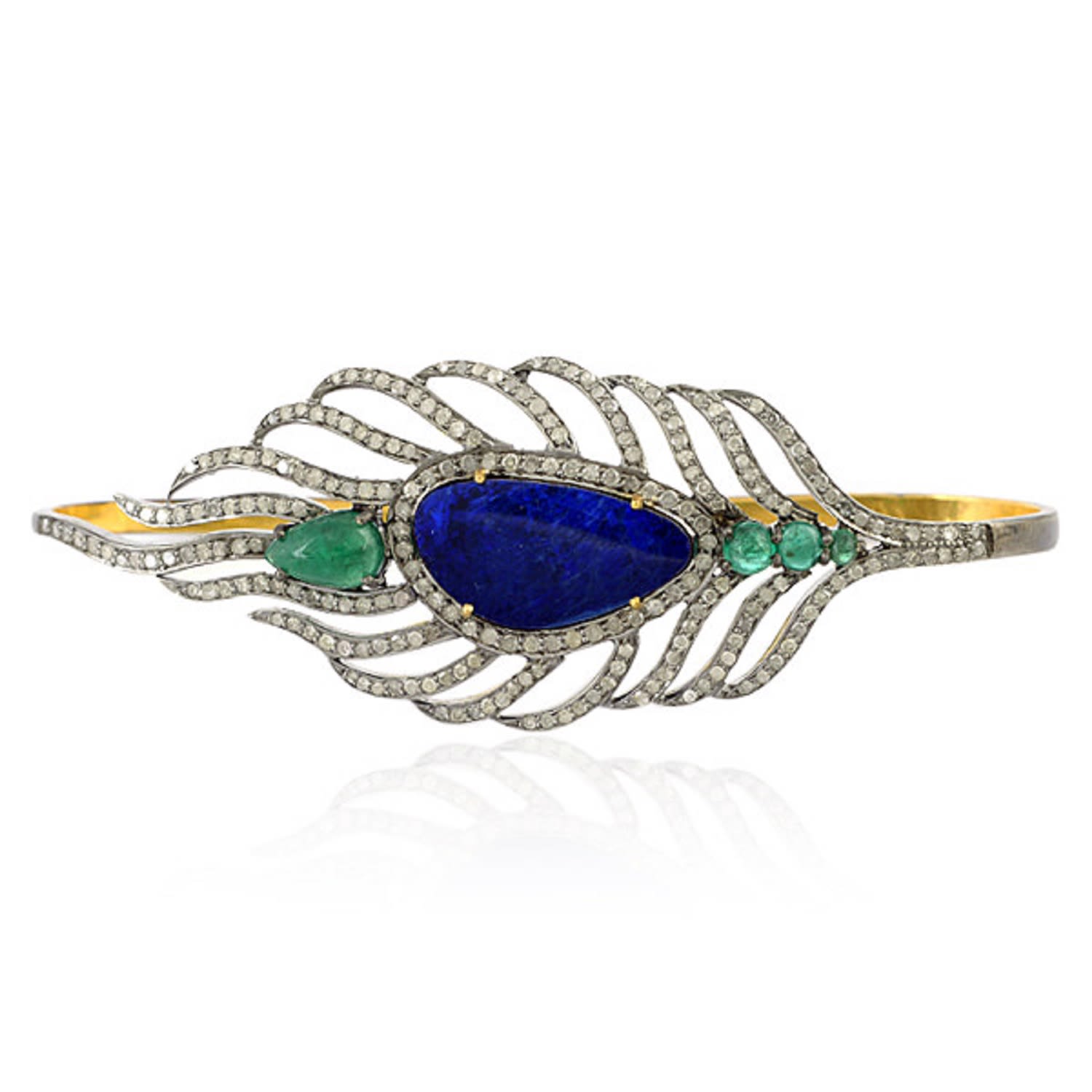 Women’s Gold / Green 18K Gold & 925 Silver In Opal Doublet With Emerald Pave Diamond The Peacock Feather Palm Bracelet Artisan