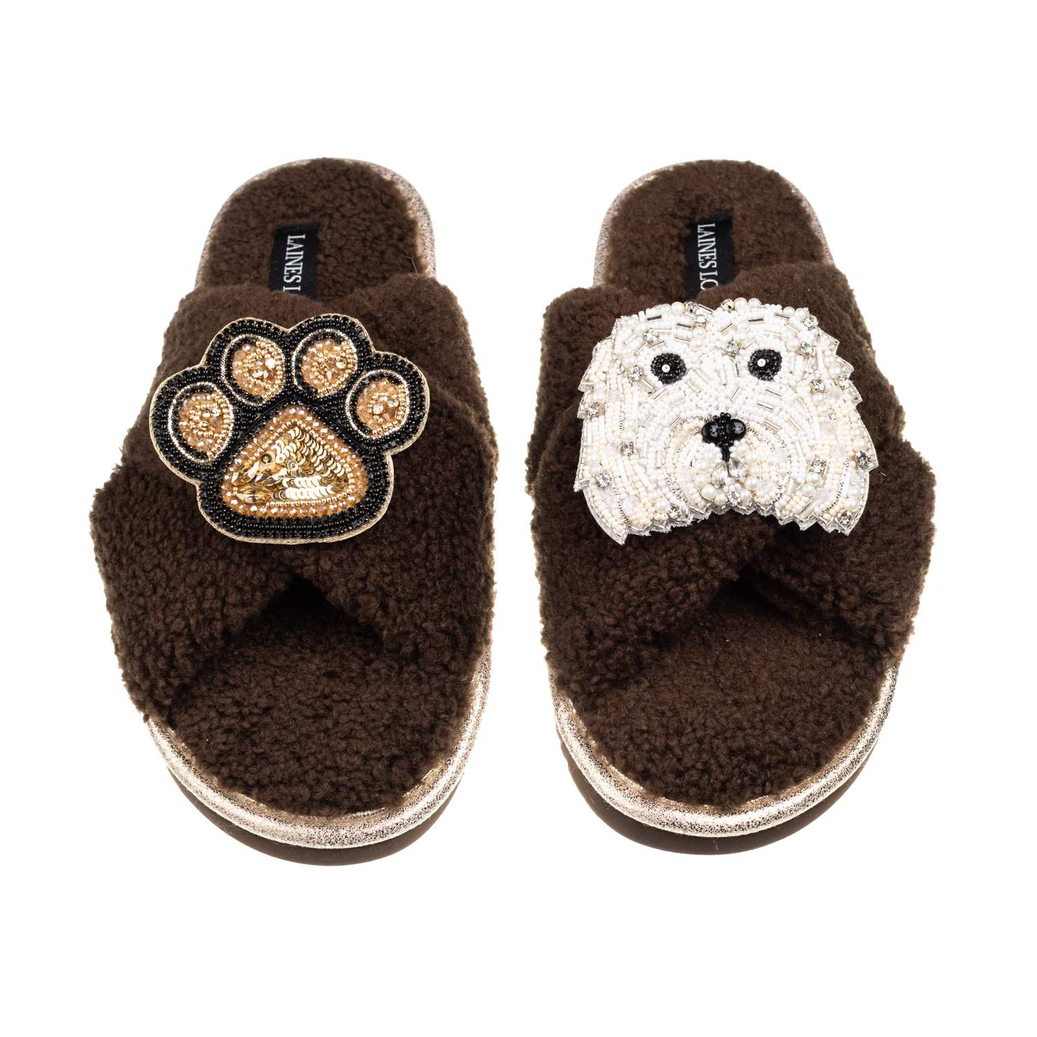 Laines London Women's Brown / Neutrals Laines Neutral Boucle Slippers With Queenie The Bichon & Paw Brooches - Cho