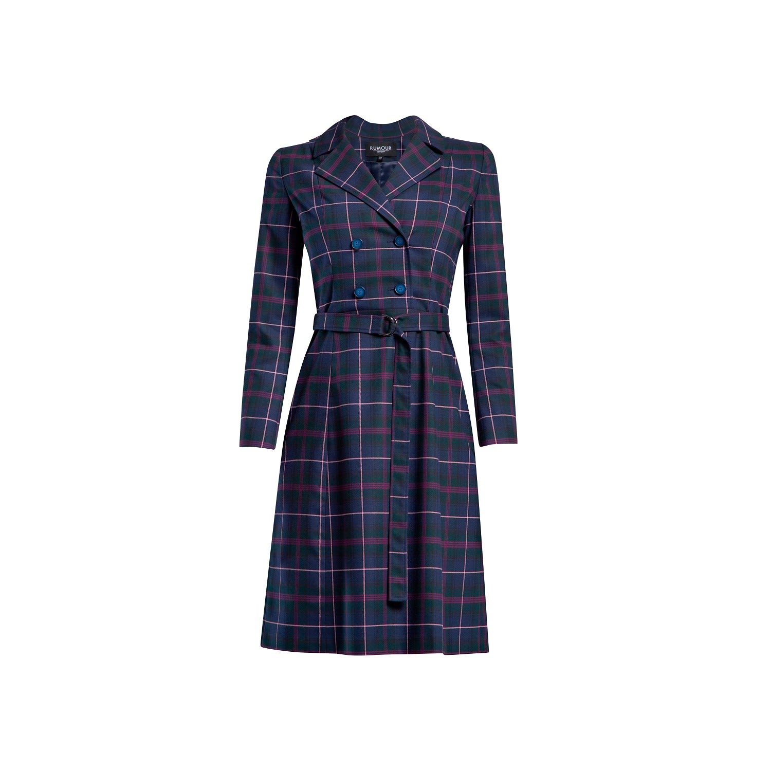 Women’s Green / Blue / Grey Annabel Tartan Double-Breasted Dress With Pleated Back Extra Small Rumour London
