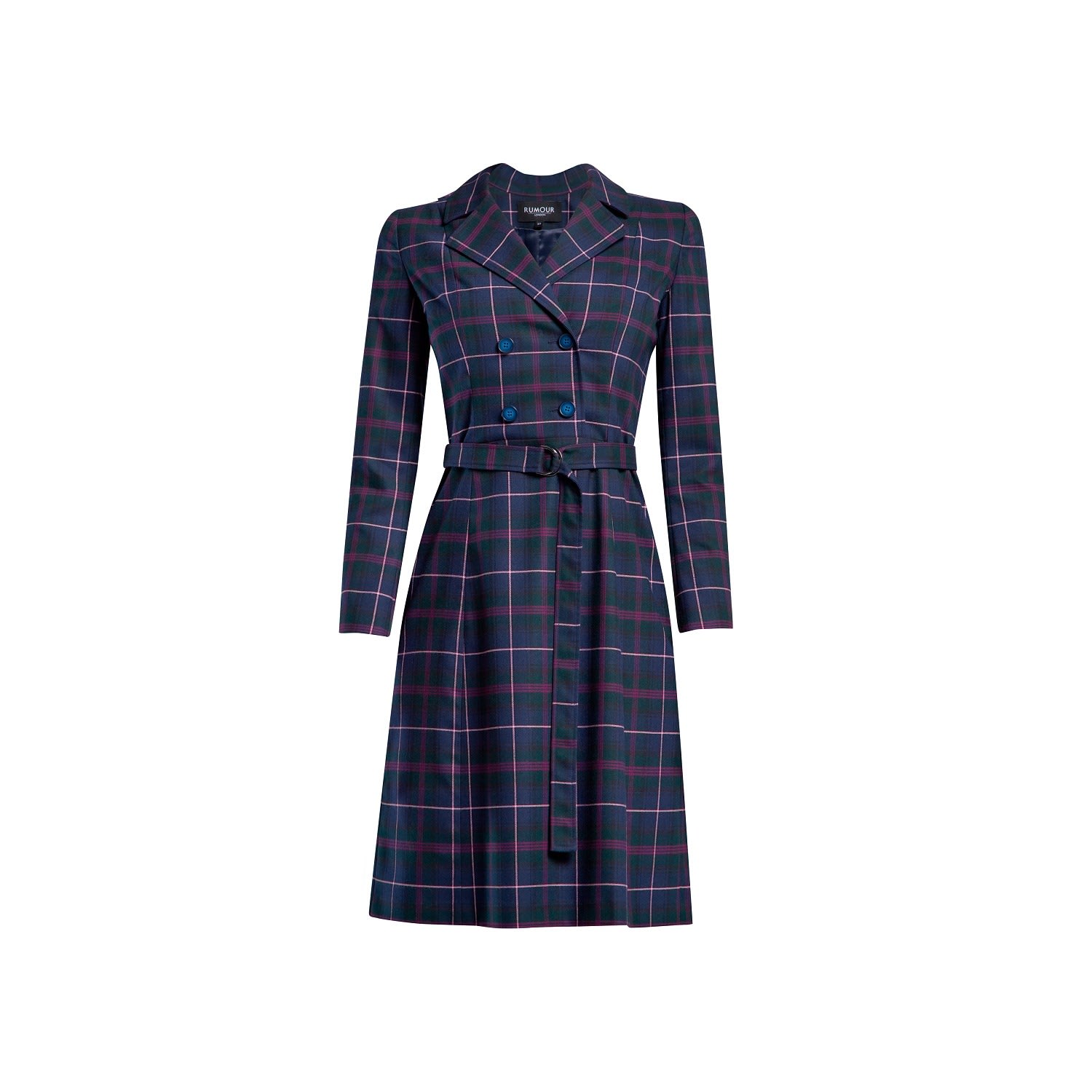 Rumour London Women's Green / Blue / Grey Annabel Tartan Double-breasted Dress With Pleated Back In Green/blue/grey