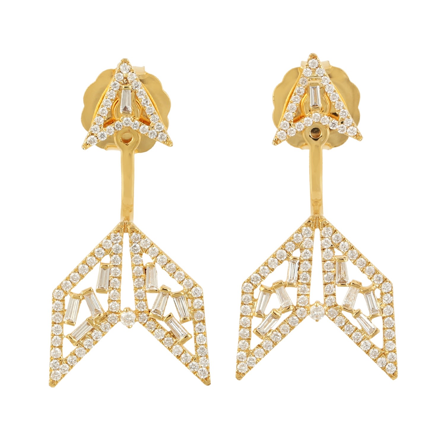 Artisan Women's Yellow / Gold / White Designer Arrow Ear Jacket Earrings With Baguette Diamonds In 18k Gold In Gold
