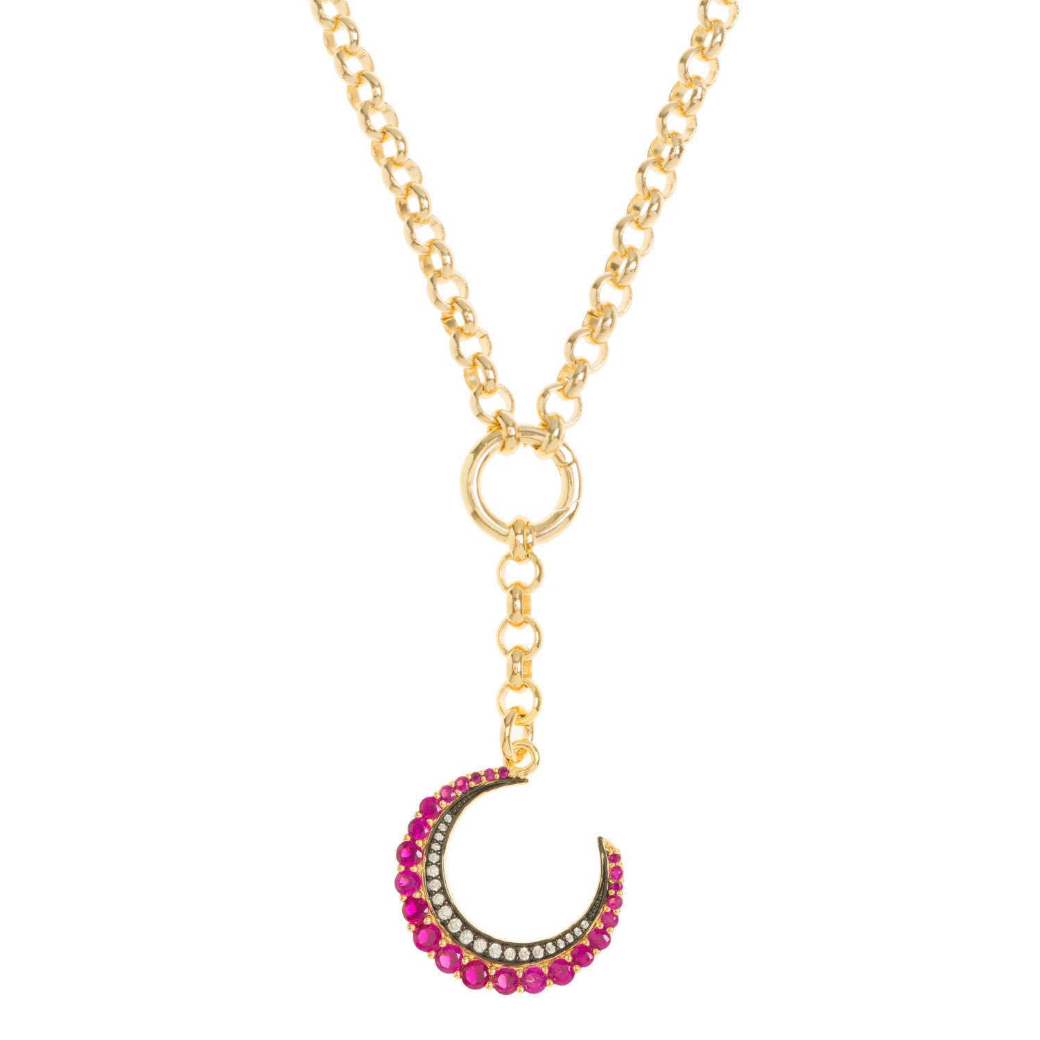 Women’s Gold / Pink / Purple Pink Crescent Moon On Gold Belcher Chain Necklace Patroula Jewellery