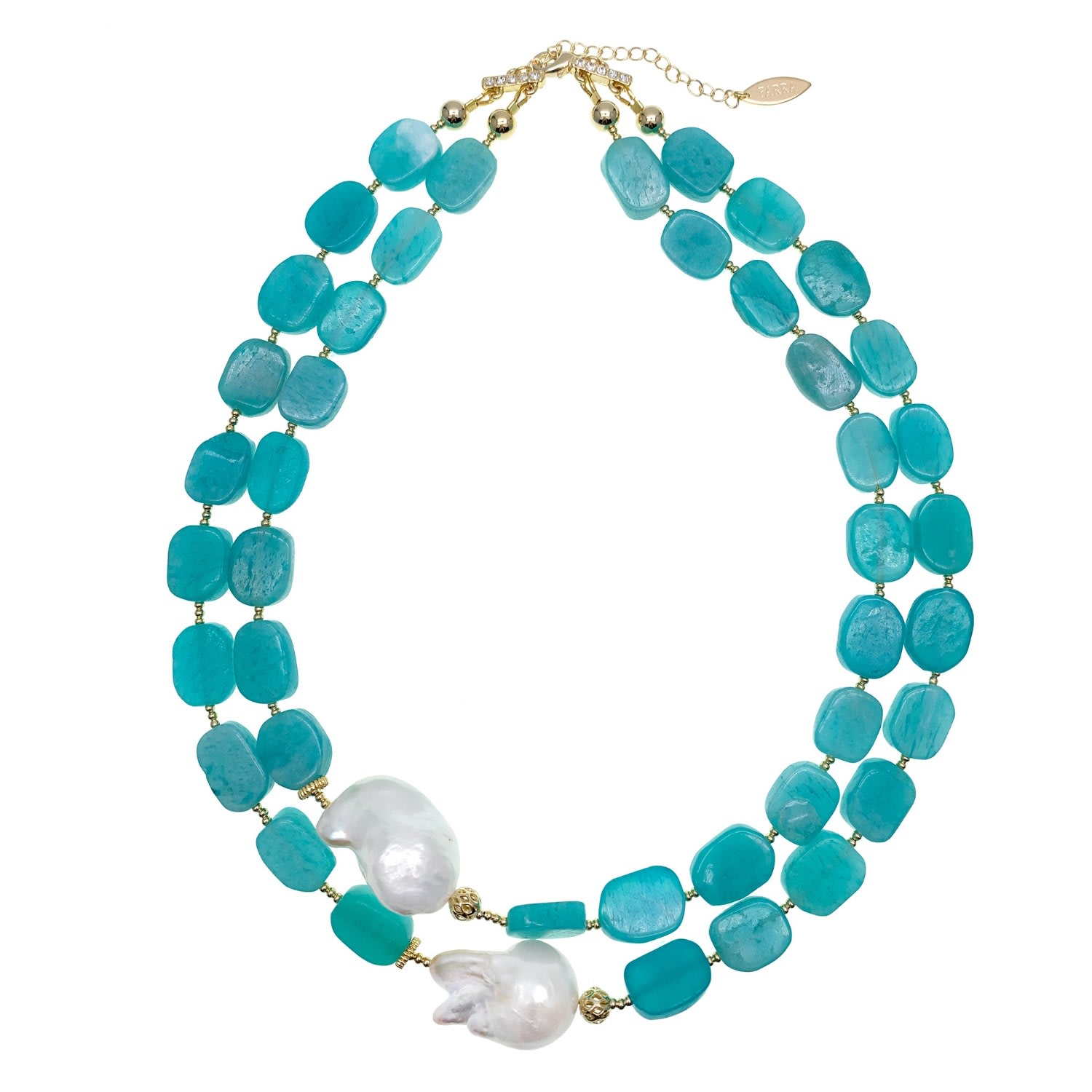 Farra Women's Green Amazonite With Baroque Pearls Double Strands Necklace In Blue