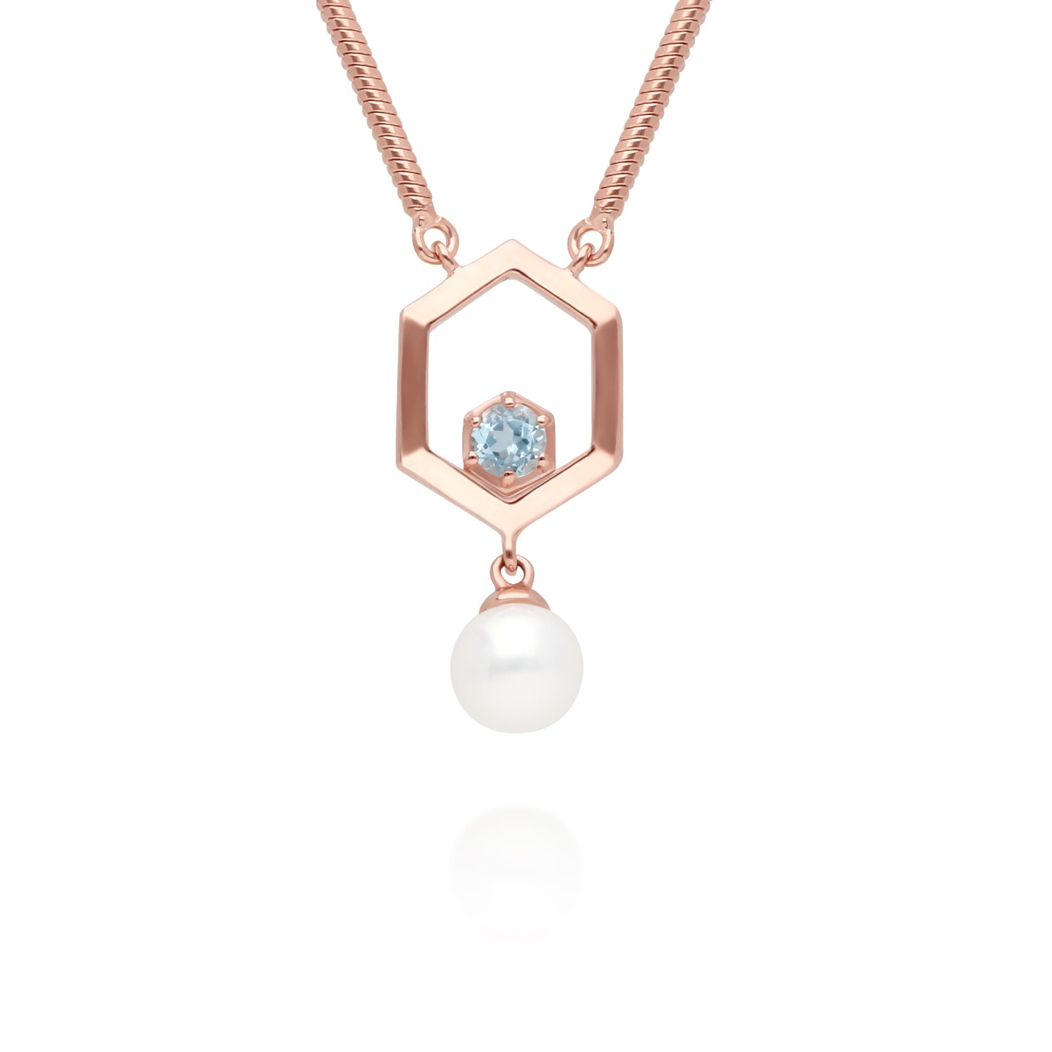 Women’s Blue Modern Pearl & Aquamarine Hexagon Drop Necklace In Rose Gold Plated Sterling Silver Gemondo