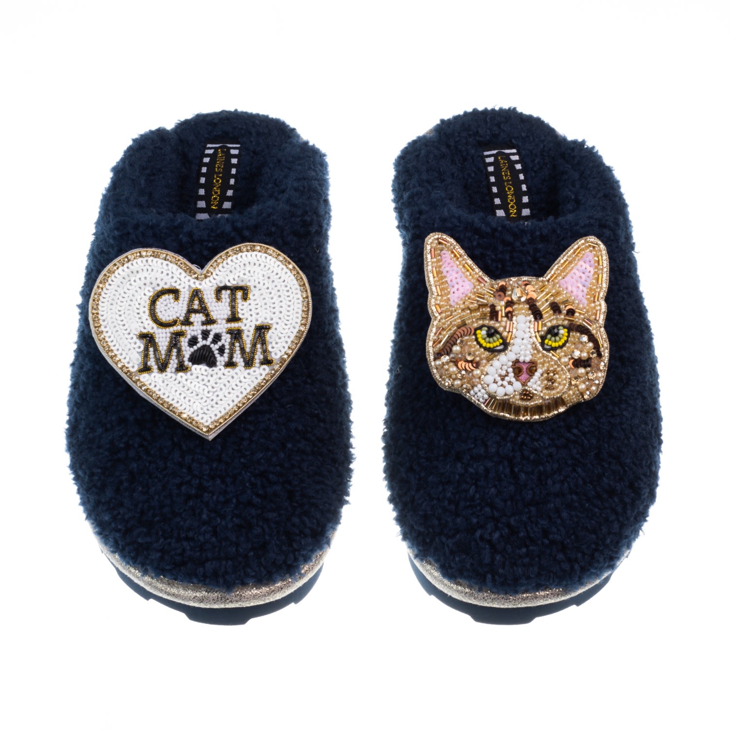 Laines London Women's Blue Teddy Closed Toe Slippers With Tabby Cat & Cat Mum / Mom Brooches - Navy