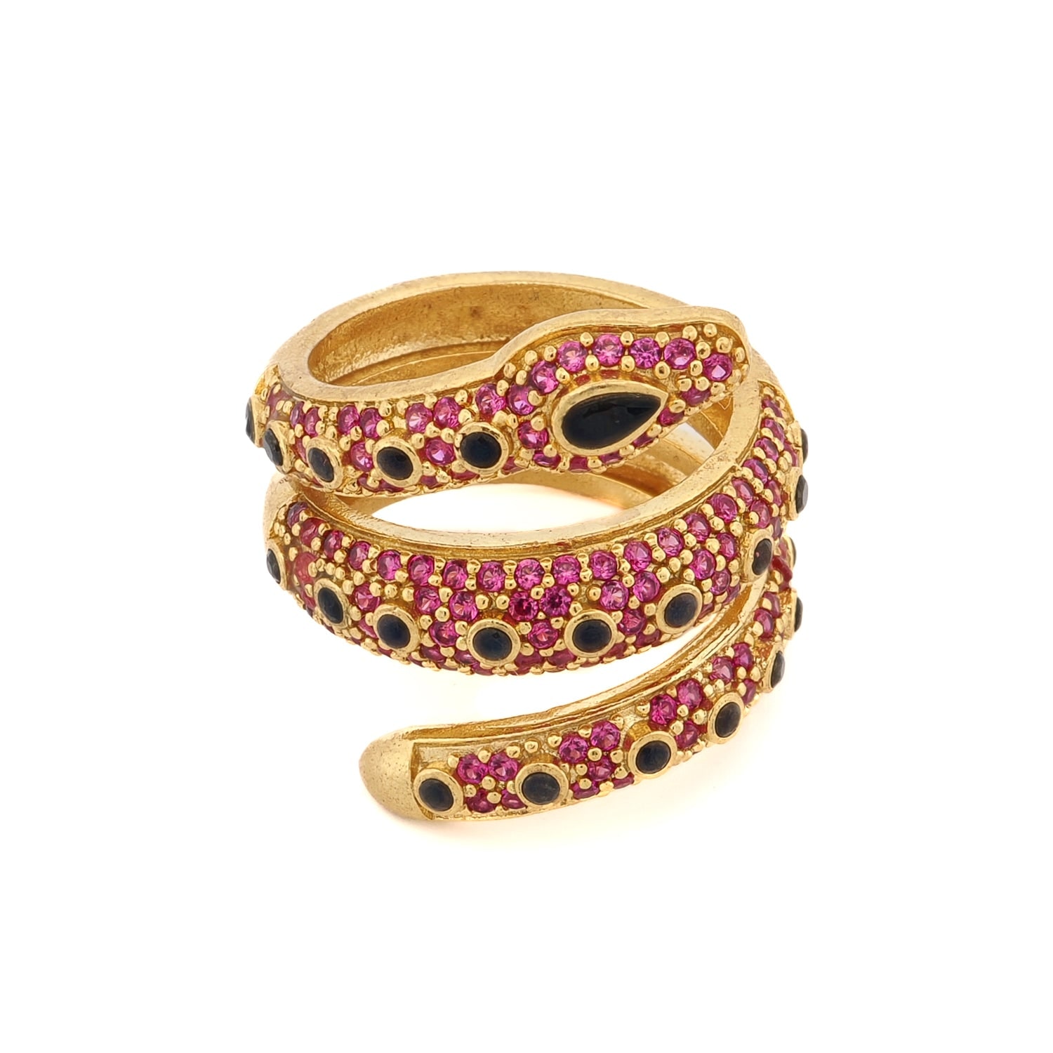 Ebru Jewelry Women's Gold / Black / Pink Mystic Serpent Black & Ruby Stone Triple Wrap Ring - Pink In Gold