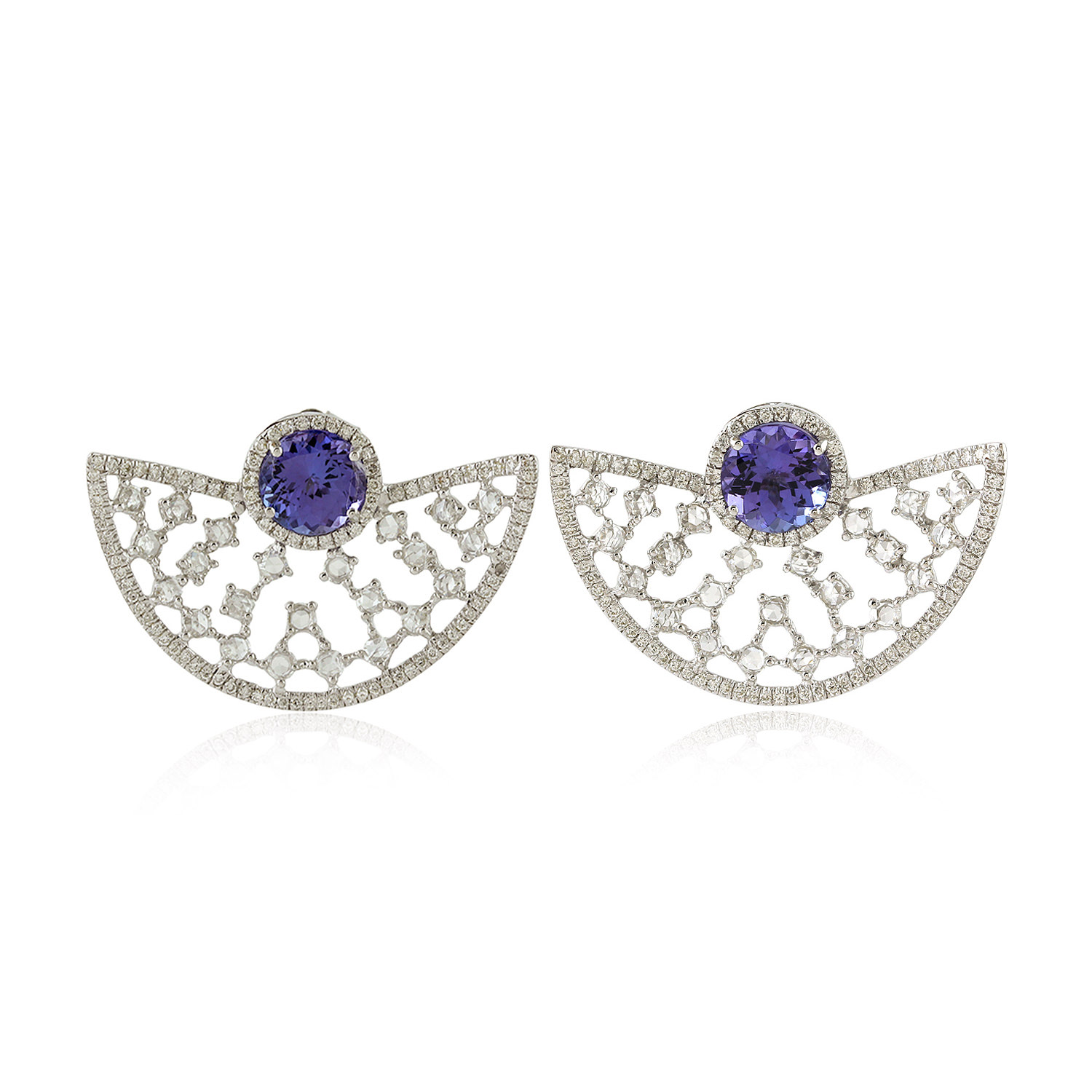 Women’s Blue / White Natural Tanzanite Stud Earrings 18K White Gold Artisan