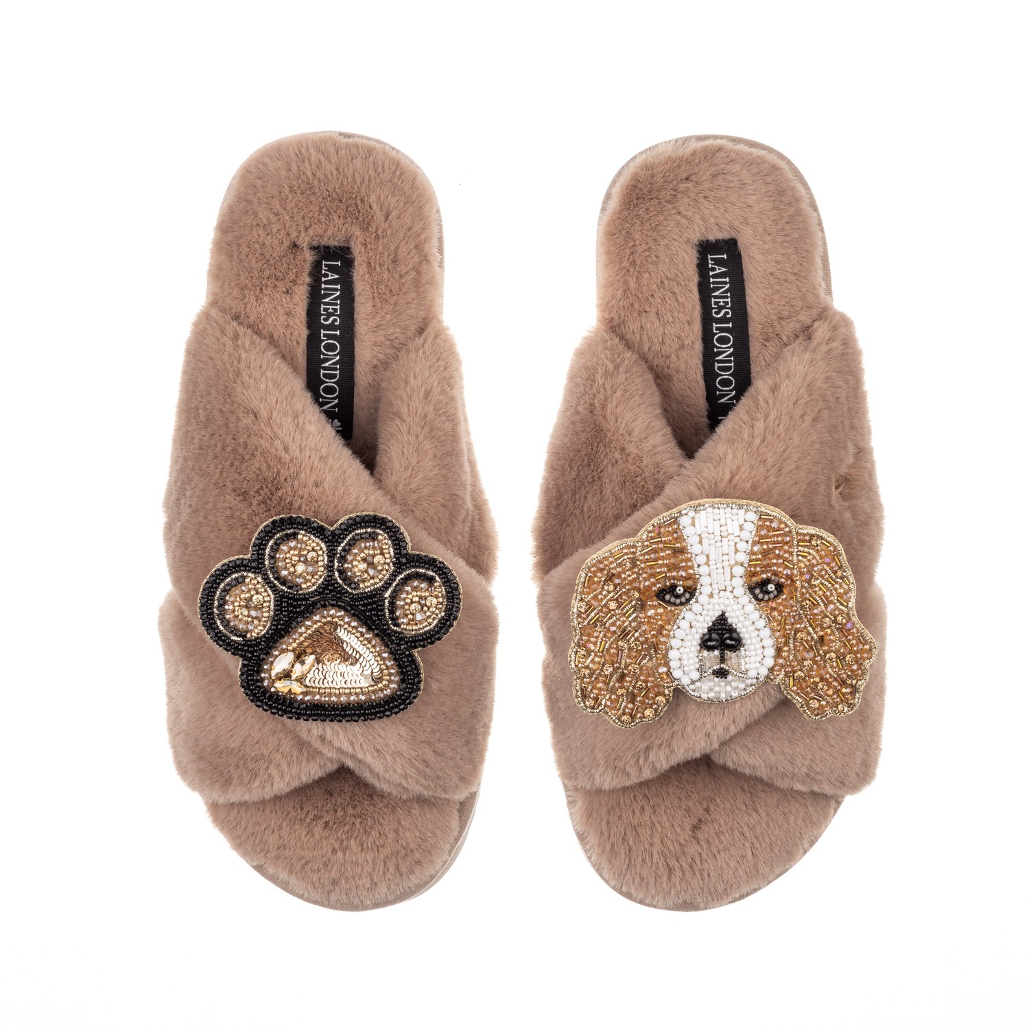 Laines London Brown Classic Laines Slippers With Lady The King Charles & Paw Brooches - Toffee In Brown