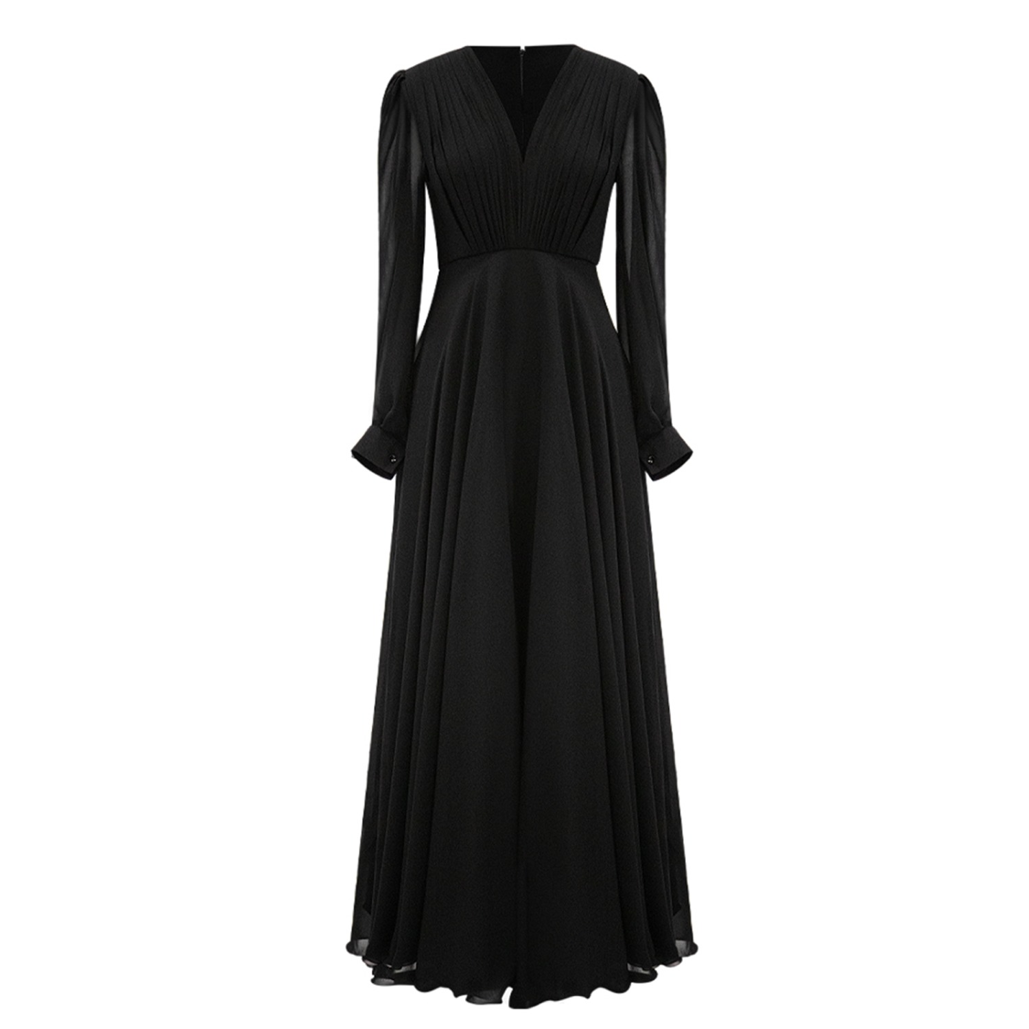 Alina Anwar Couture Women's Black Chiffon Gown With Ruched Detailing And Full-length Cuffed Sleeves In Black