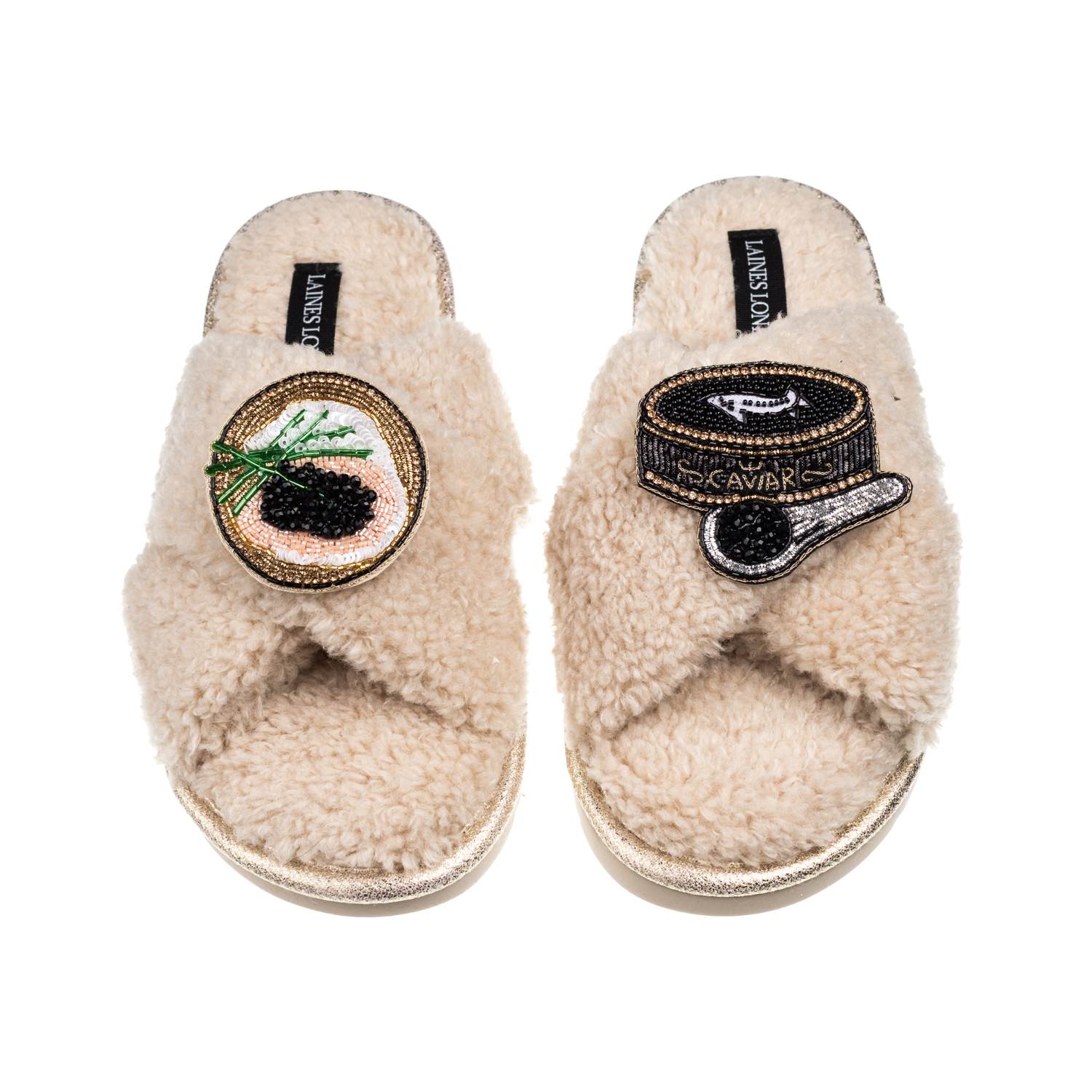 Laines London Women's Brown / Neutrals Laines Neutral Boucle Slippers With Caviar & Blini Brooches - Oatmeal