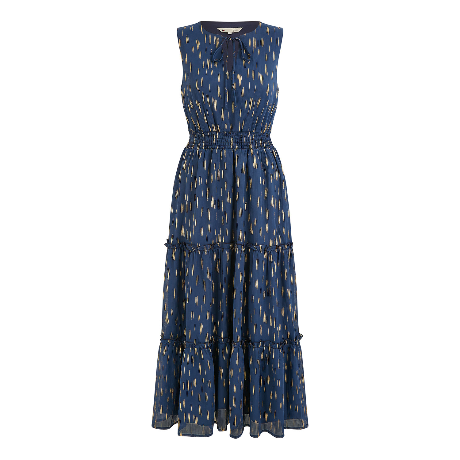 Yumi Women's Blue  Navy Foil Print Ruched Waist Midi Dress With Tie Notch Neckline