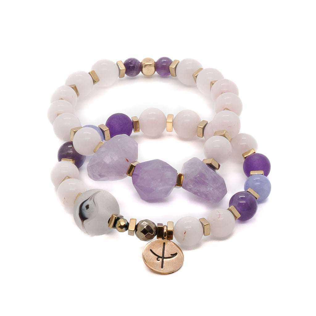Women’s Gold / Pink / Purple Amethyst & Quartz Stone Beaded Dream Bracelet Set - Purple Ebru Jewelry