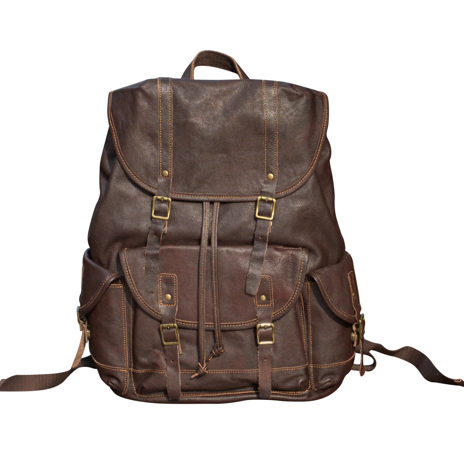 Men’s Military Style Leather Backpack - Taupe Brown Touri