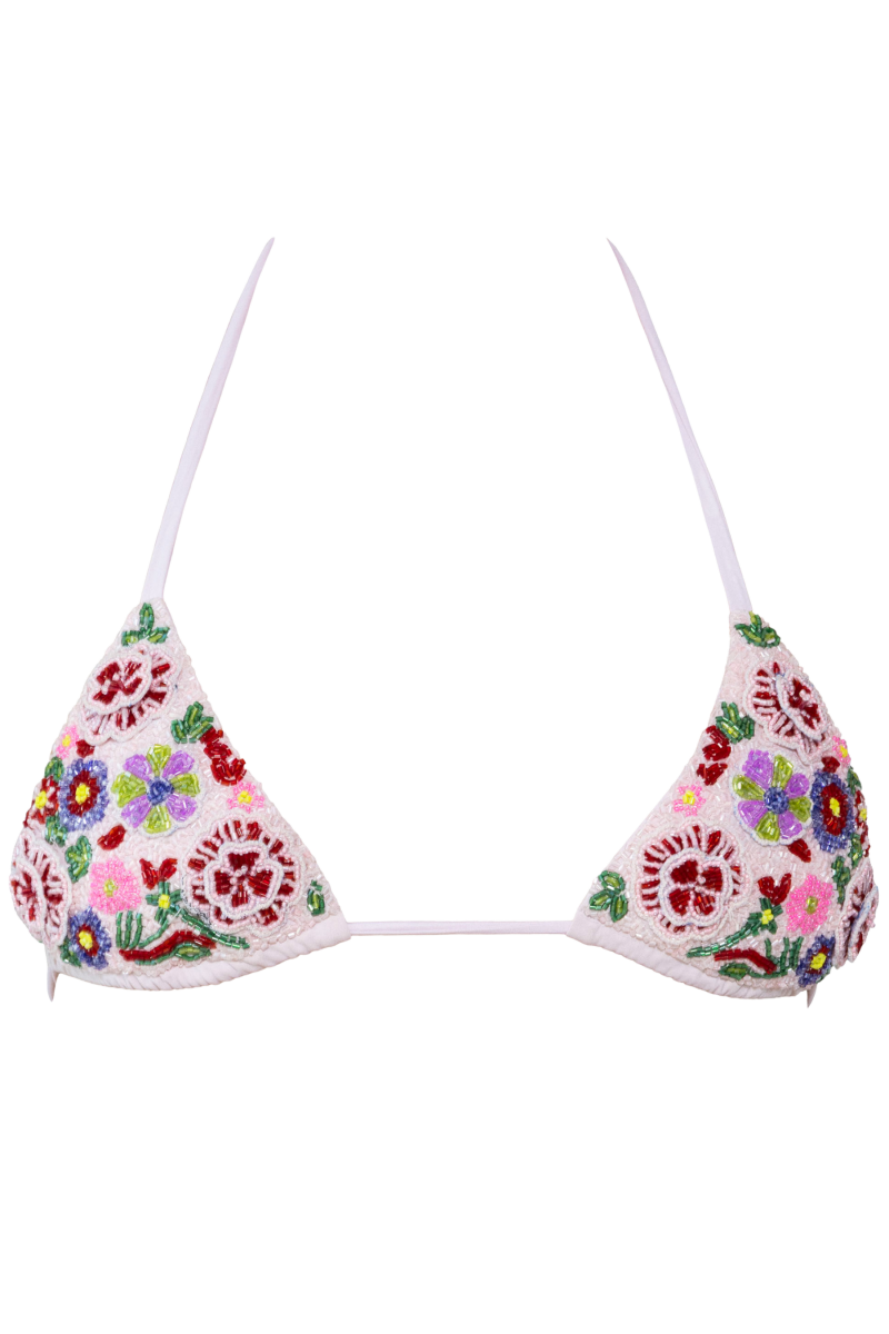 Self-adore Women's Pink / Yellow Fleur 3d Hand-beaded Embellished Bikini Top - Pale Pink In Multi