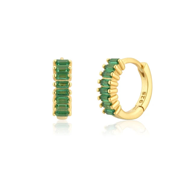 Nazzar Women's Gold / Green Baguette Cut Green Zirconia Gold Huggie Earrings In Multi