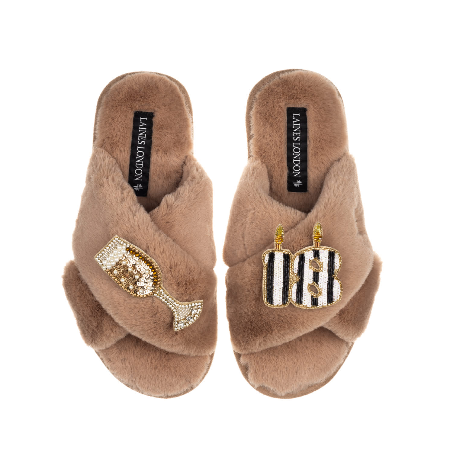Laines London Women's Brown Classic Laines Slippers With Stripe 18th Birthday & Glass Of Champagne Brooches - Toff In Brown
