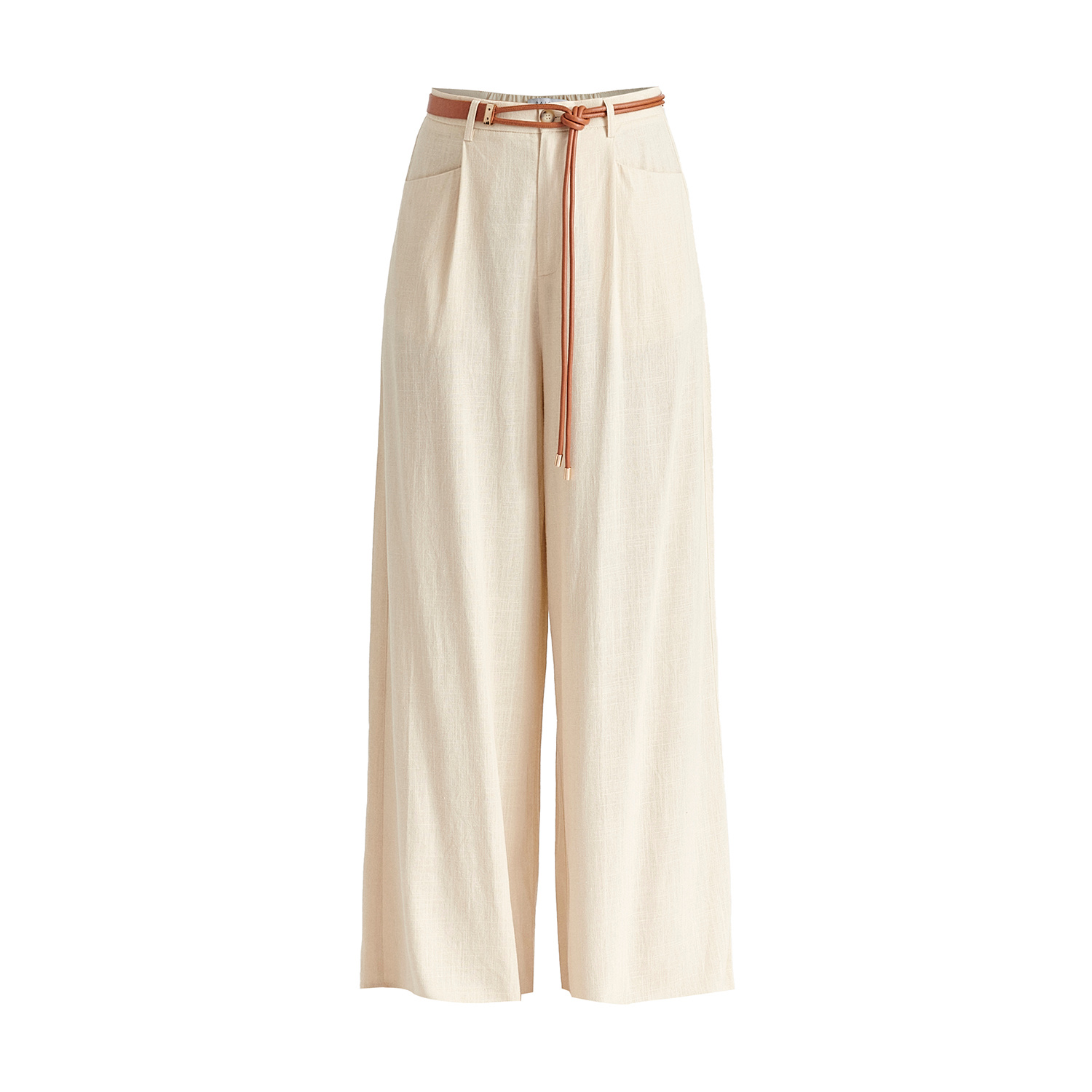 Paisie Women's Neutrals Linen Blend Wide Leg Trousers With Belt In Oatmeal In Brown