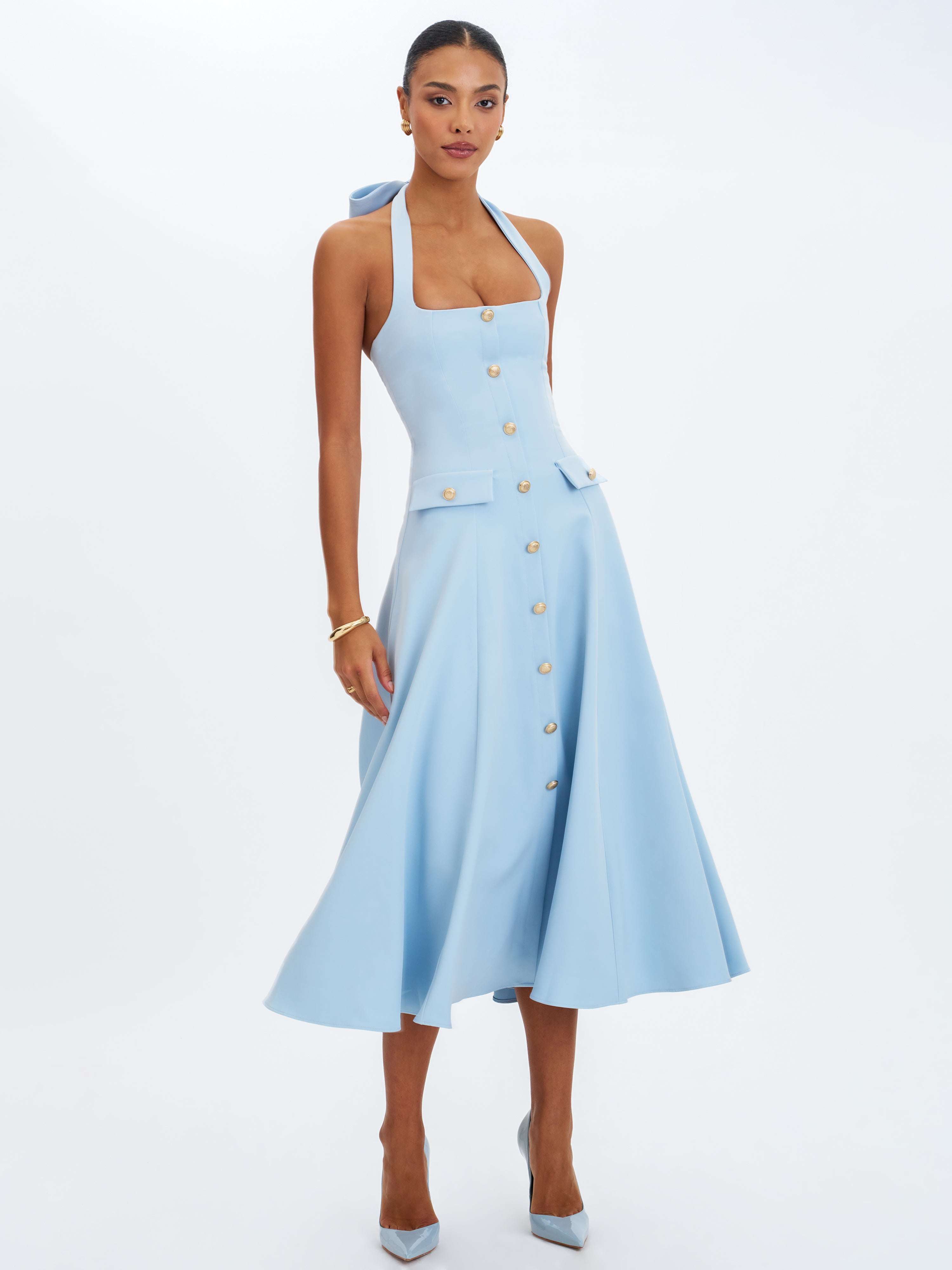 Gillian Mist Blue Halter A-Line Midi Dress | Miss Circle New York
