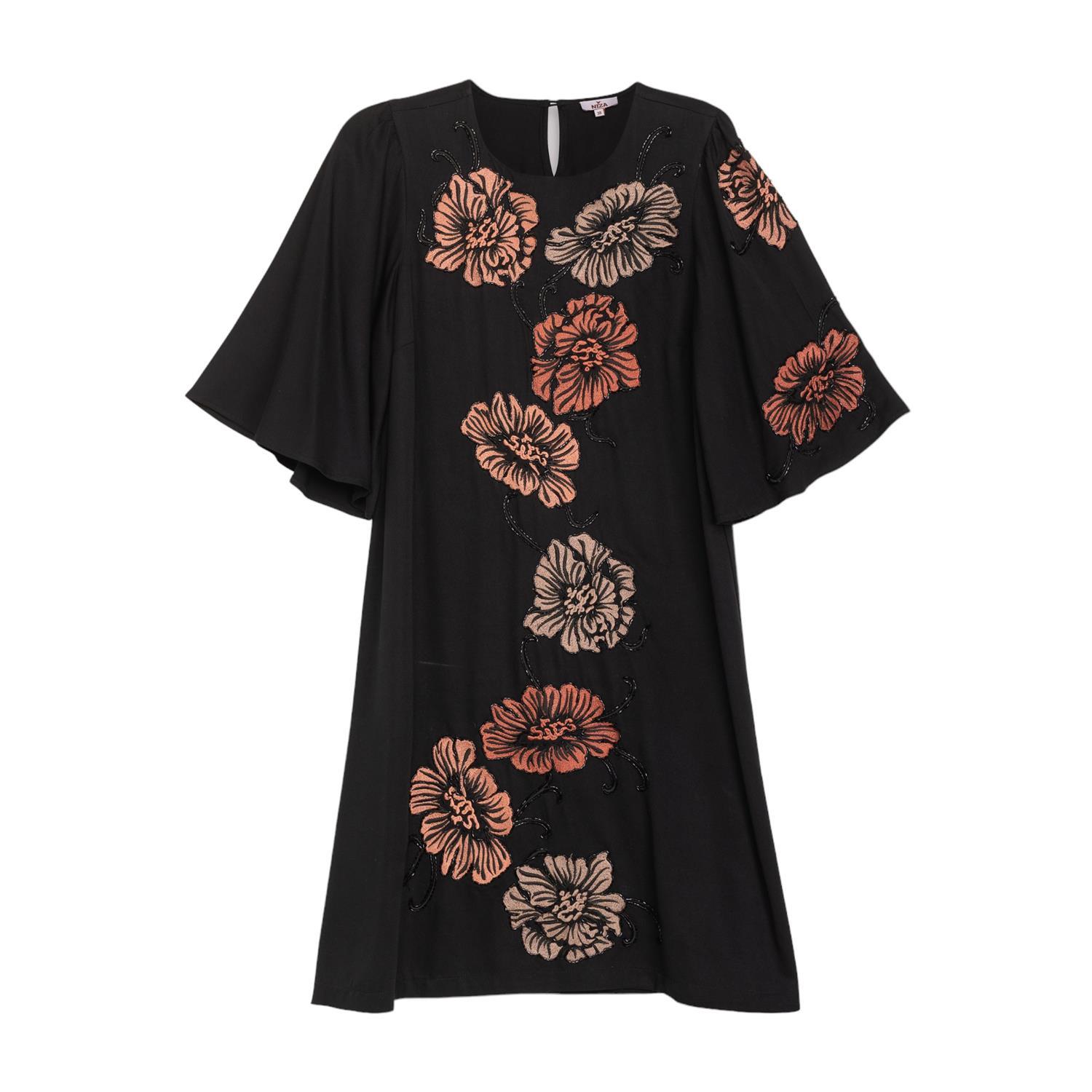 Women’s Black Short Dress With Floral Embroidery Medium Niza