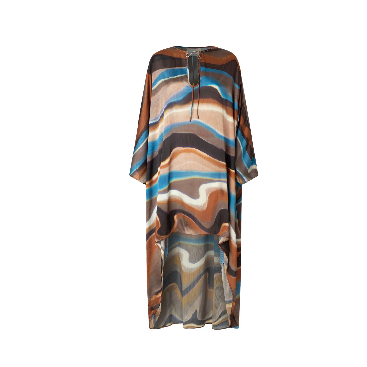Juan Avellaneda X Seeiou Women's Blue / Brown Ava Asymmetric Printed Kaftan With Front Bow & Batwing Sleeves