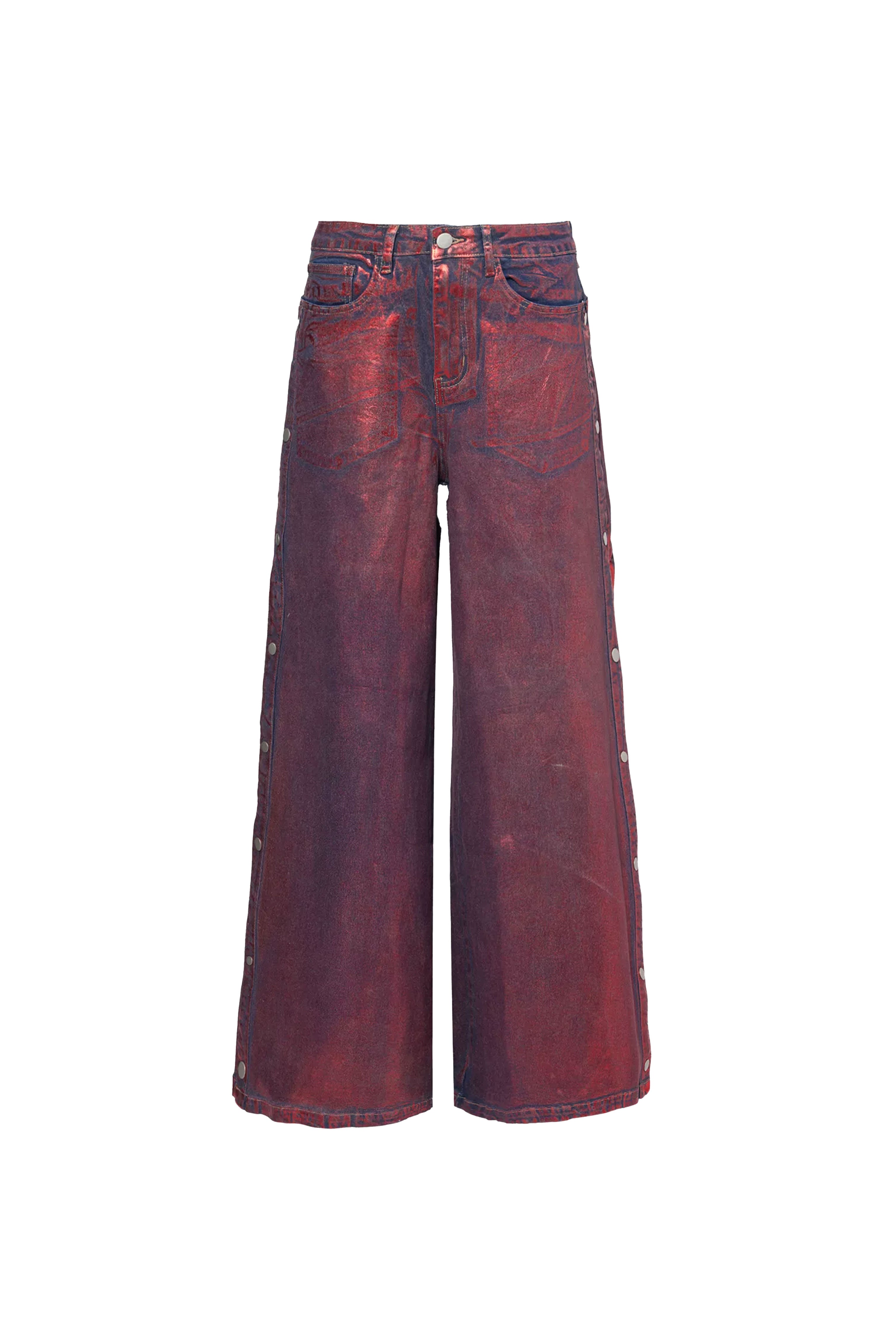 Amy Lynn Women's Wren Red Foil Coated Denim Trousers In Red