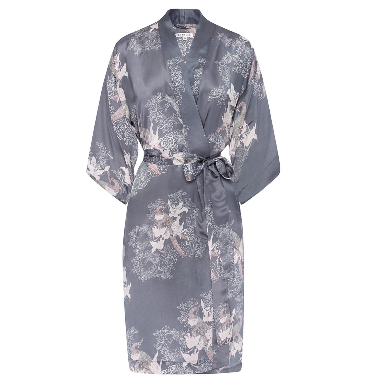 Genevie Women's Grey Sweet Peas Silk Kimono Robe In Gray